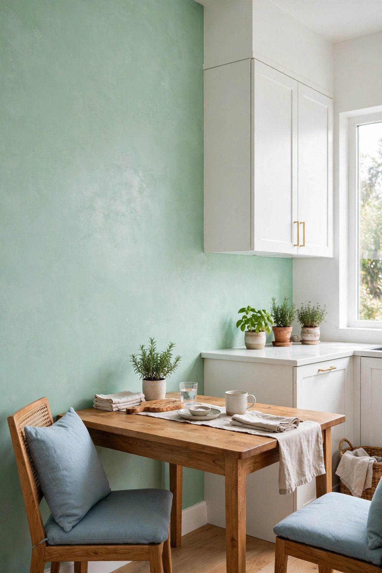 Mint green Venetian plaster wall in a bright kitchen nook with white cabinets