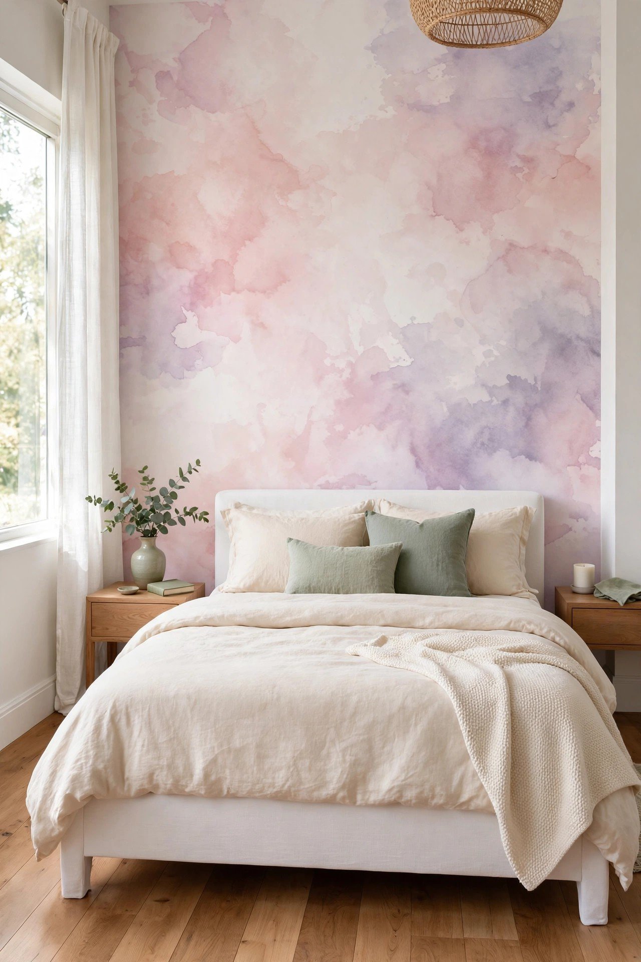 Serene bedroom accent wall with soft watercolor wash wallpaper in blush pink and lavender behind a white bed