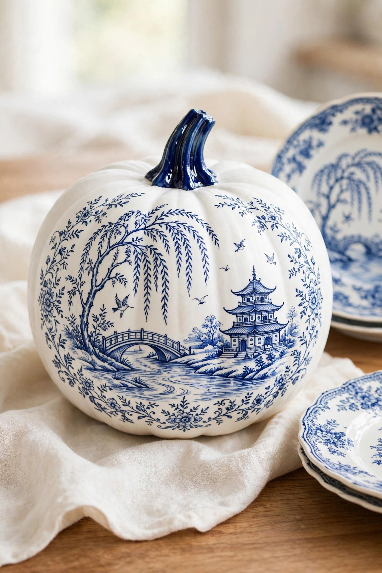 White pumpkin painted in blue willow ceramic style with bridge and pagoda