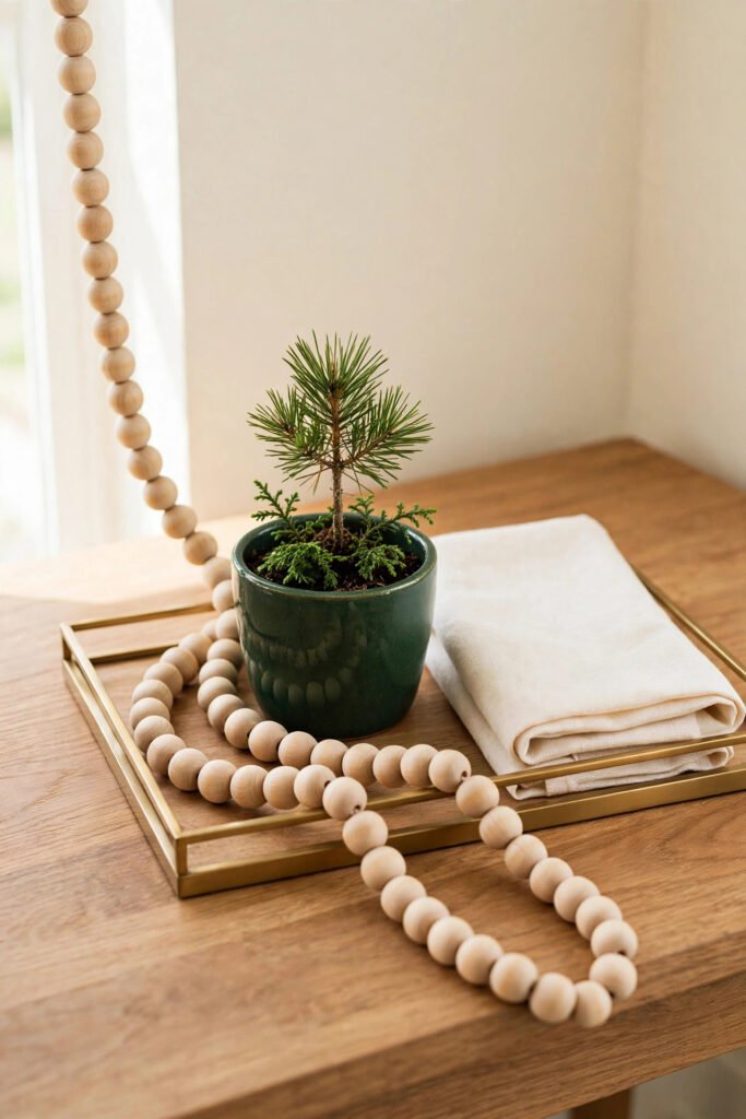 Wooden bead garland draped on a vanity tray in rustic Christmas decor