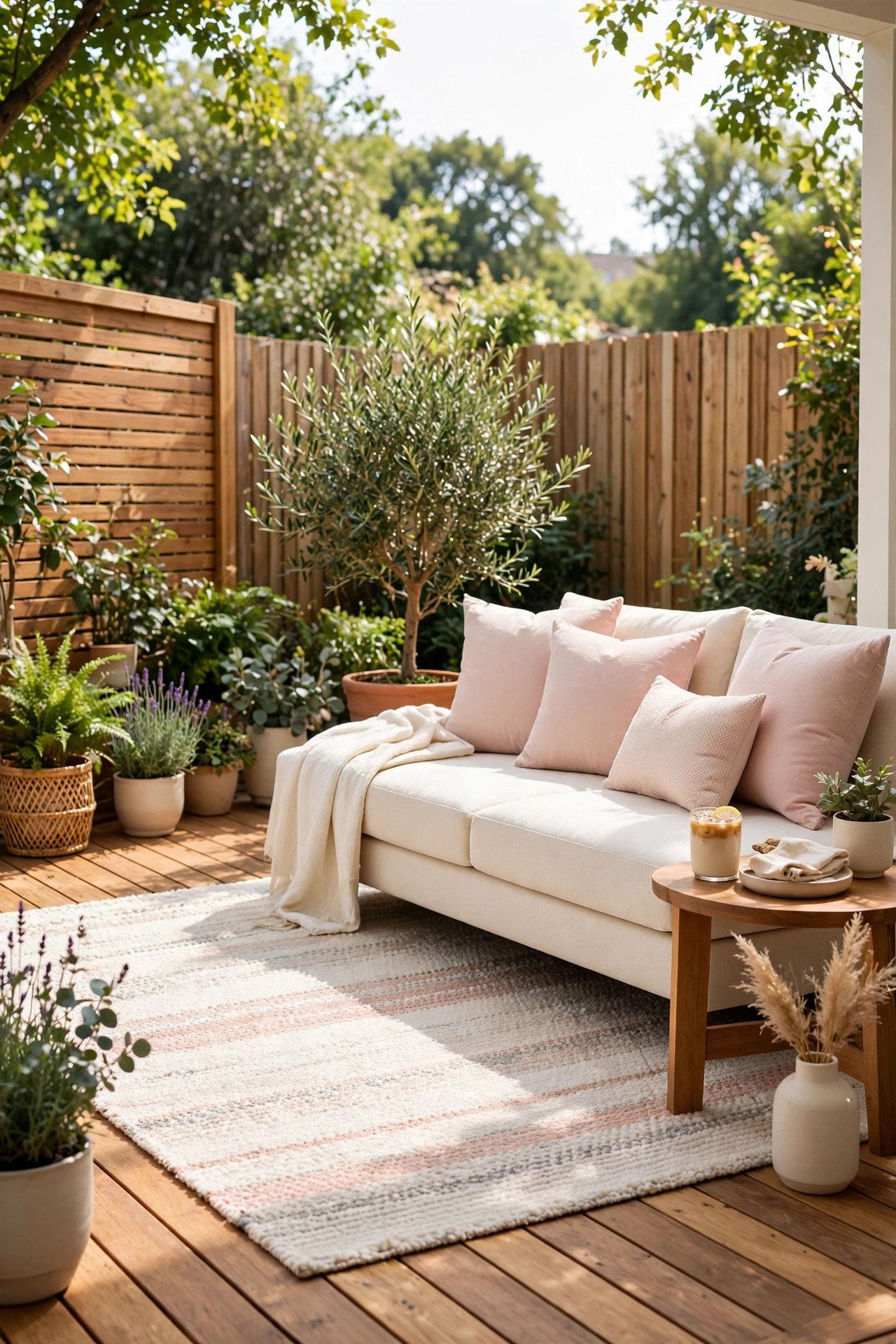 Wooden deck styled like an outdoor living room with rug and sofa