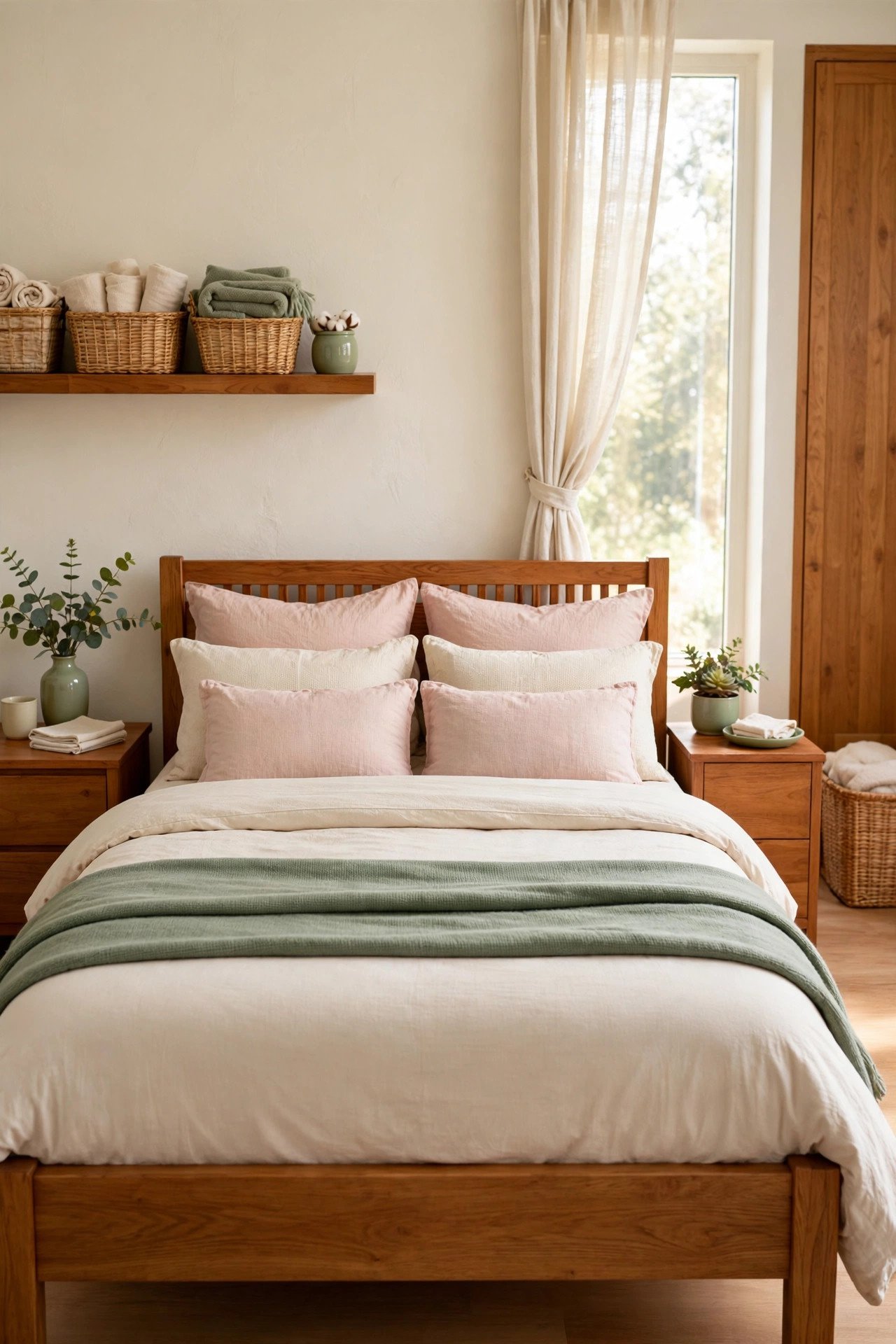 Bed with new blush and cream cushion covers and a folded throw