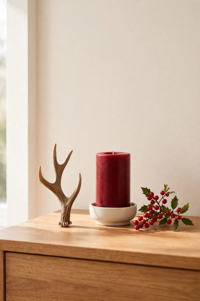 Small decorative antler accent beside a red candle on a rustic Christmas vanity
