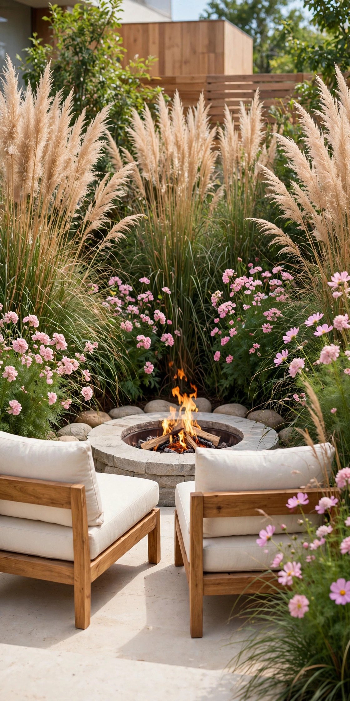Fire pit area screened by tall grasses and blush pink flowers