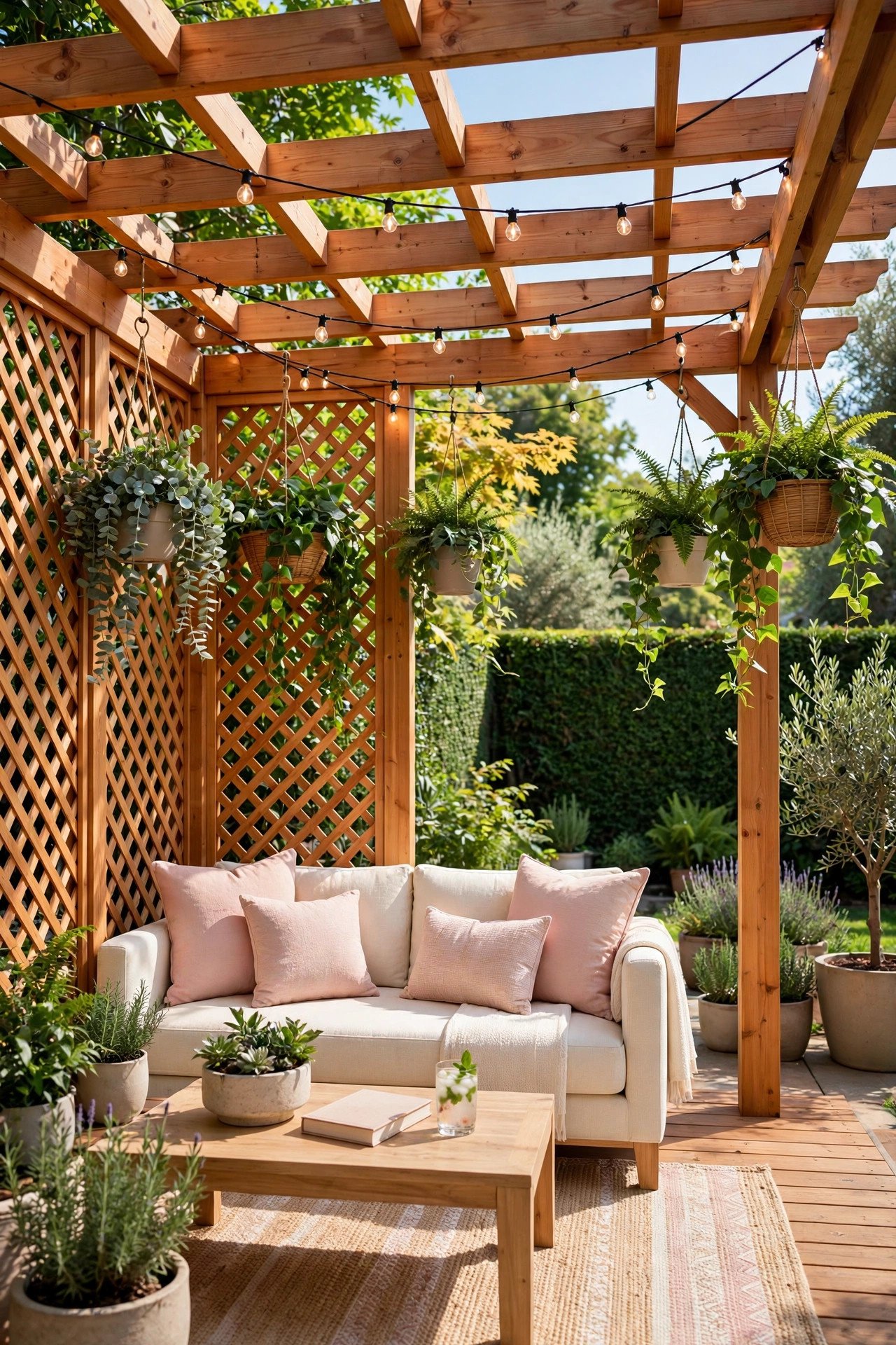 Wooden pergola with lattice privacy screens and string lights