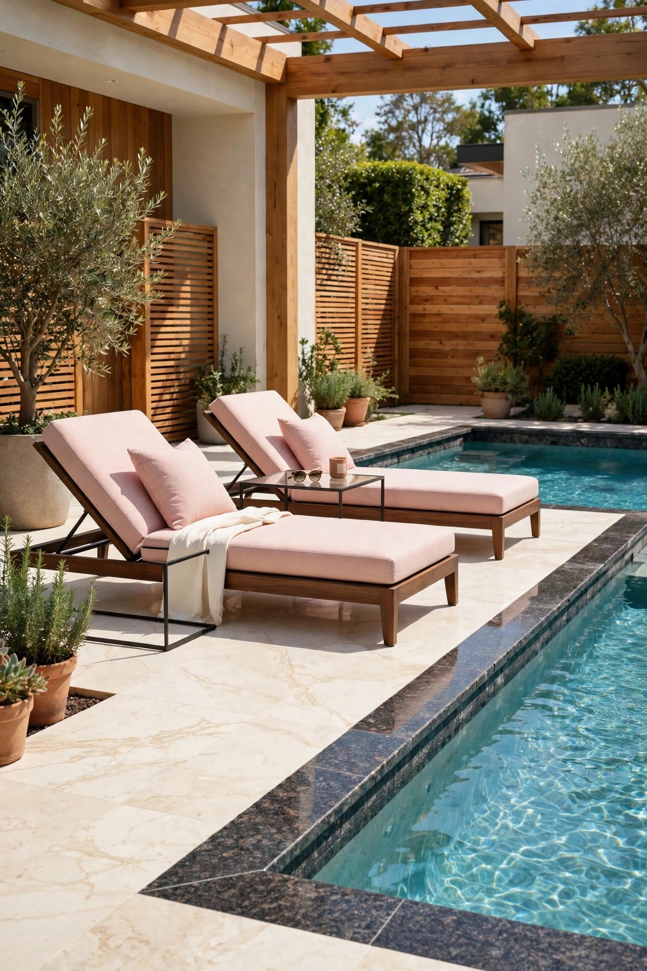 Marble and granite pool deck with elegant loungers