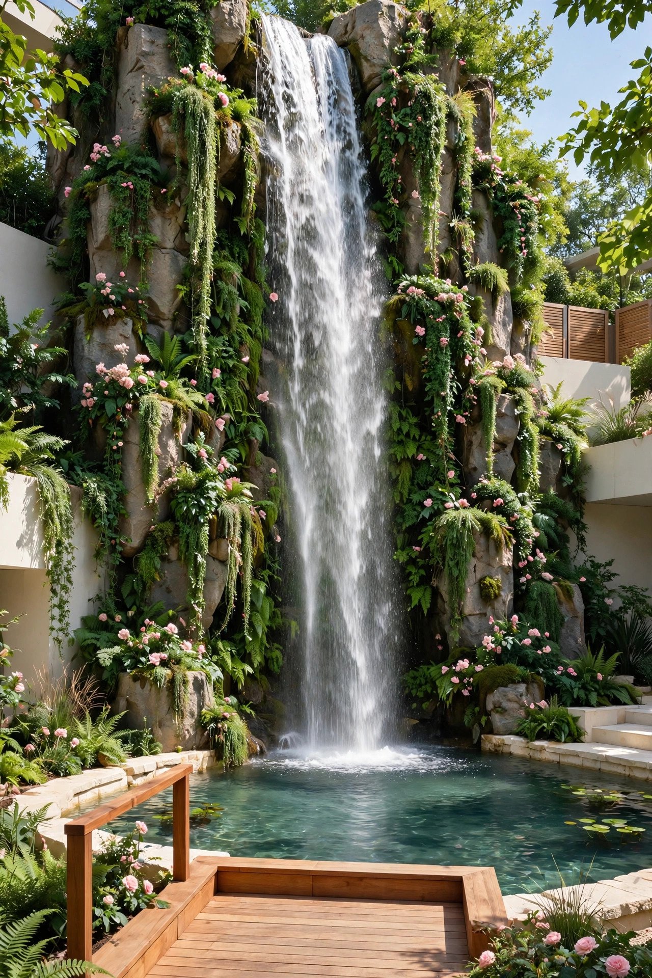 Tall vertical waterfall with lush plants