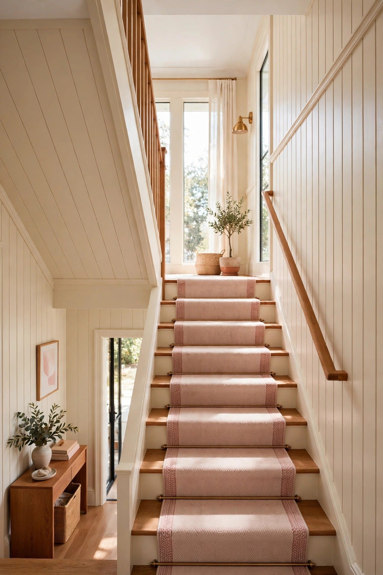 Staircase hallway with cream board and batten paneling following the slope of the stairs