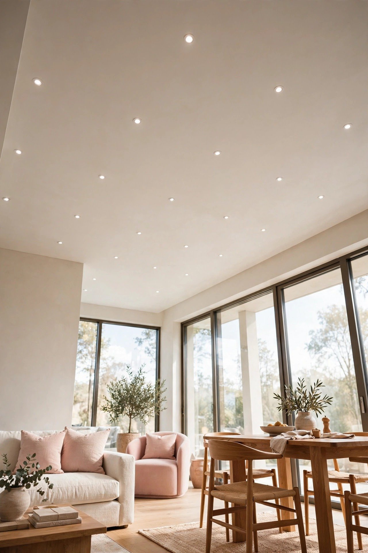 Minimal ceiling with a neat grid of small trimless recessed lights over a modern open-plan living area