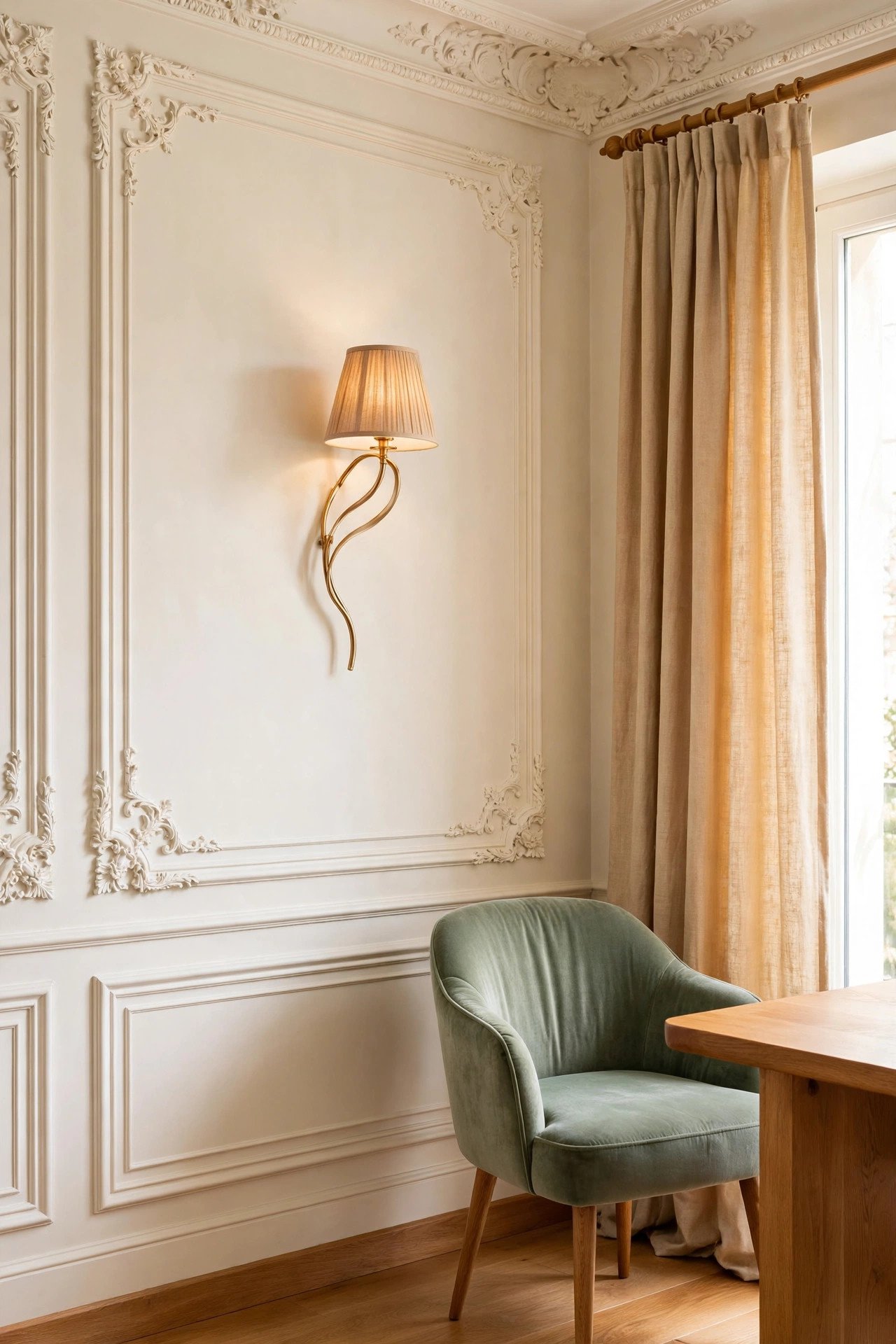 French-inspired living room wall with ornate carved molding, flowing wall sconce, and warm curtains