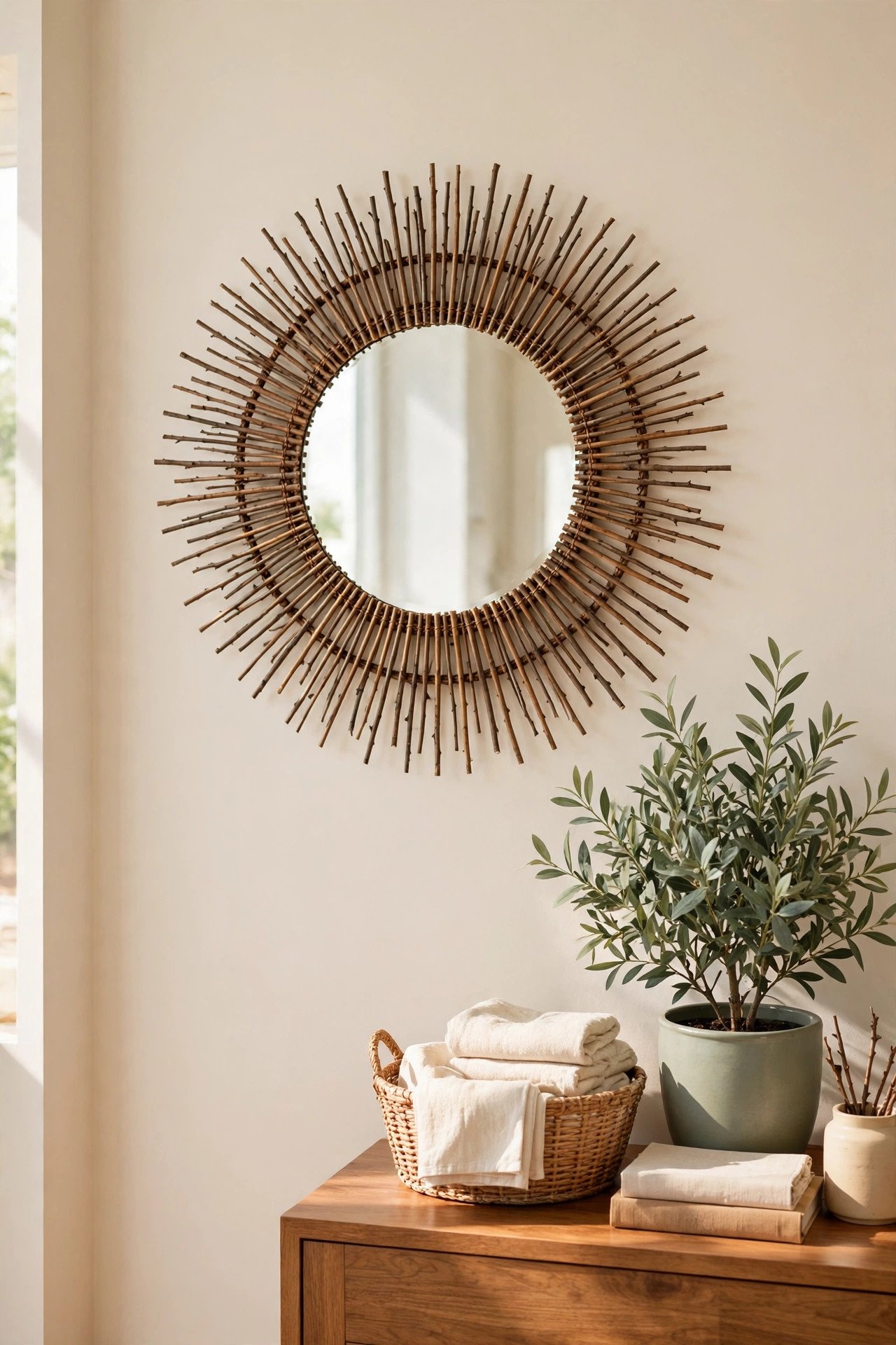 Round mirror surrounded by small twigs and sticks