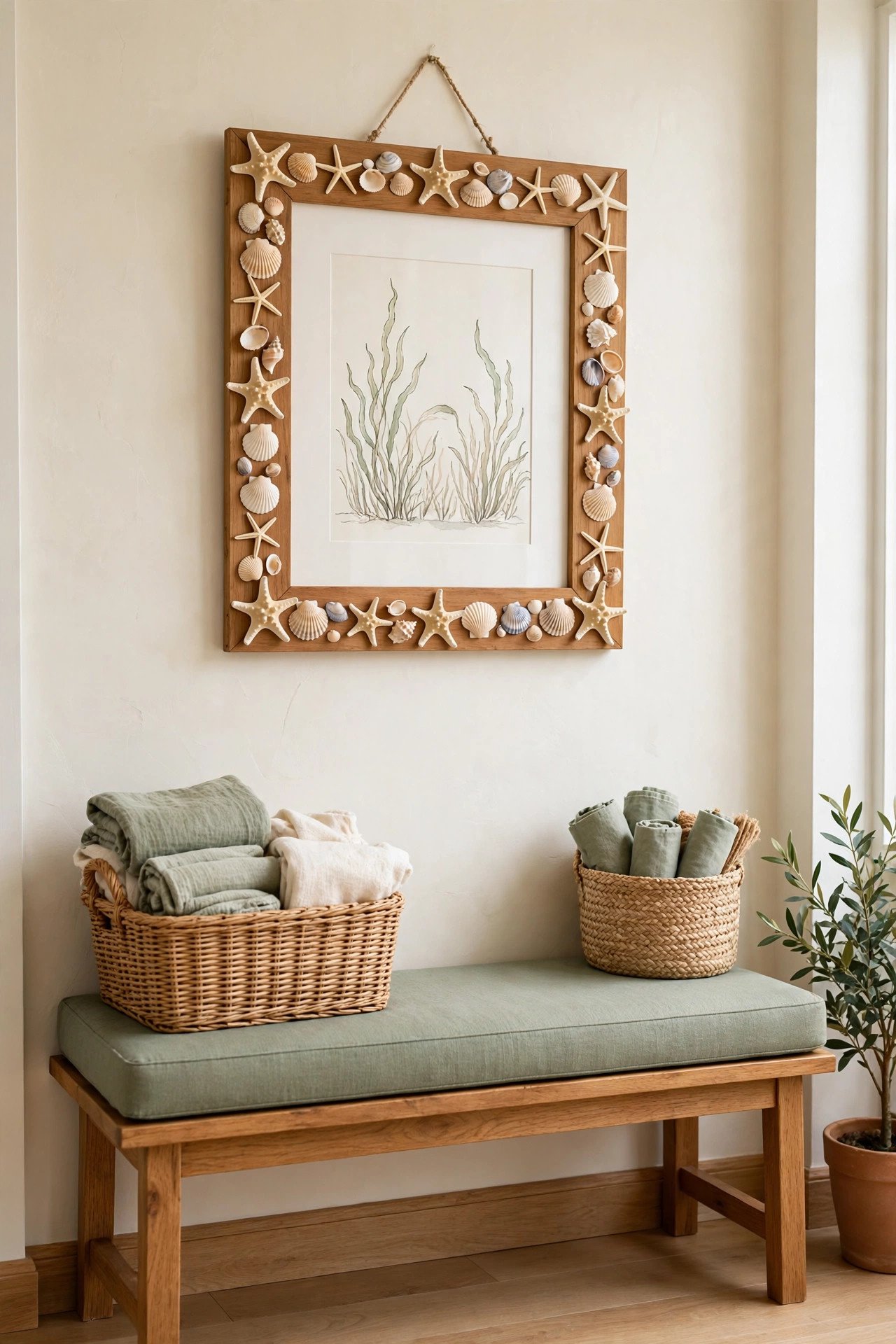 Picture frame decorated with starfish and coastal elements