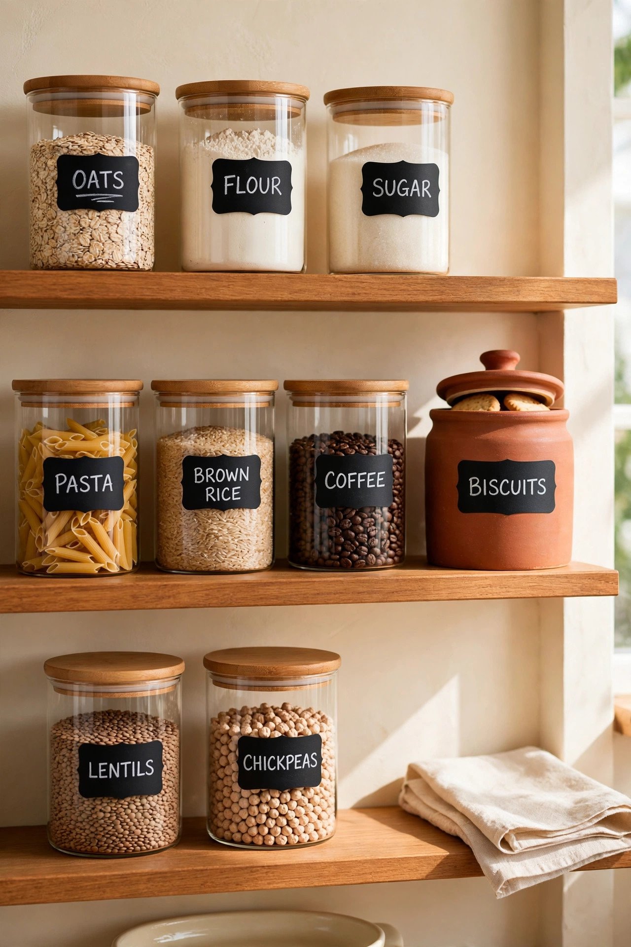 Pantry jars with chalkboard labels and neat handwriting on an organized kitchen shelf in terracotta tones