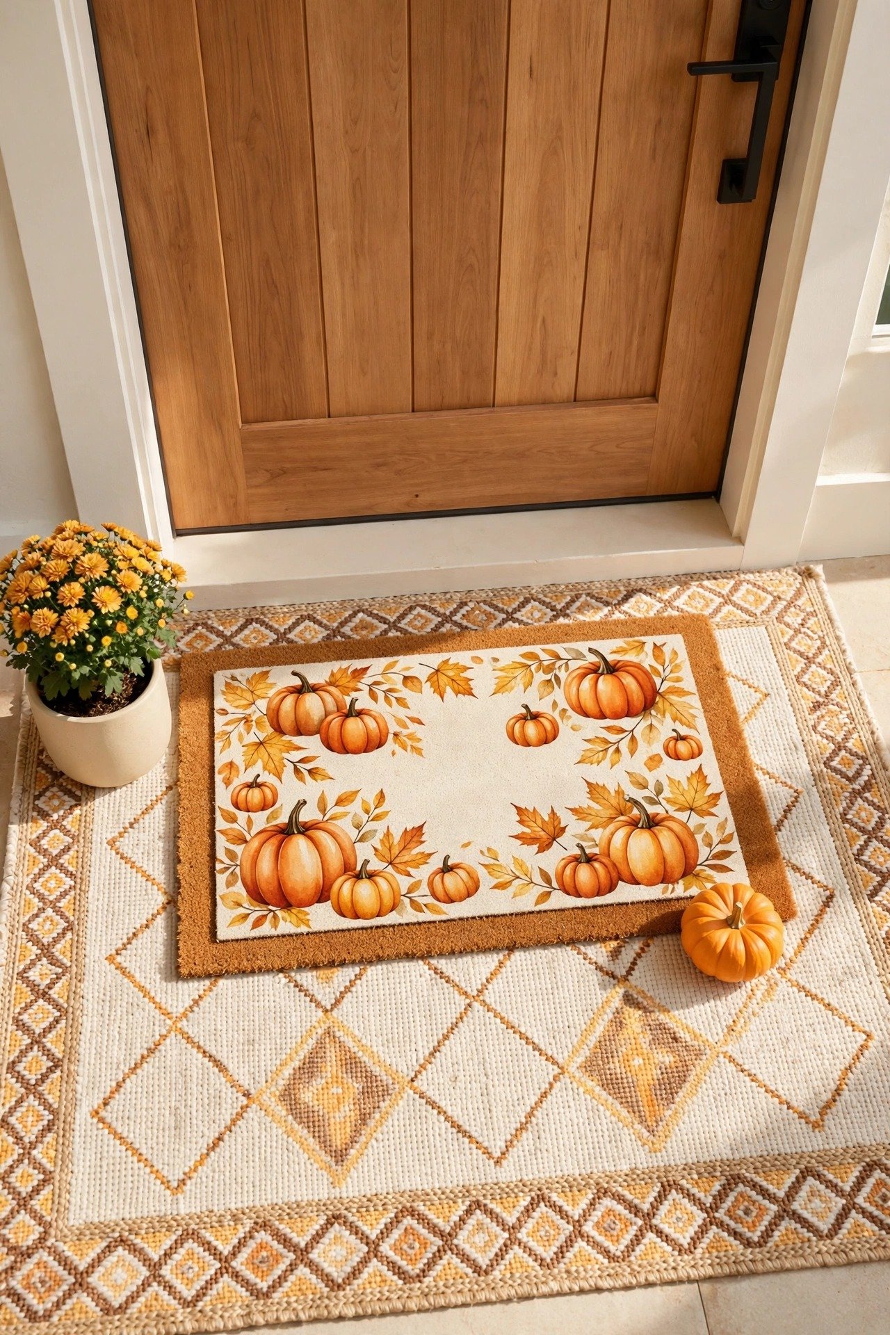 A fall-themed doormat layered on a rug with a mini pumpkin and small potted mum beside it