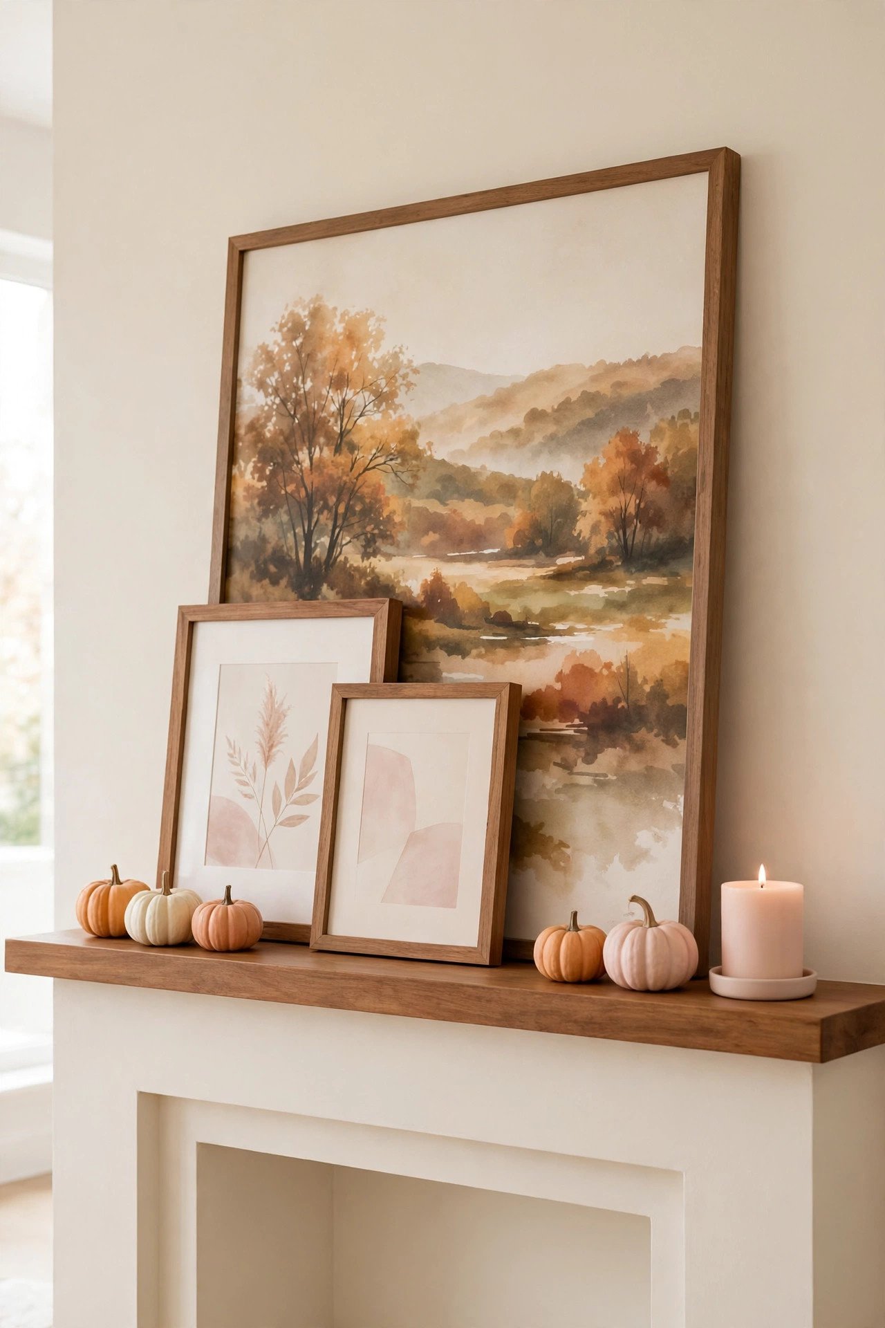 Framed autumn landscape art leaning against the wall above a fall mantel with smaller frames layered in front