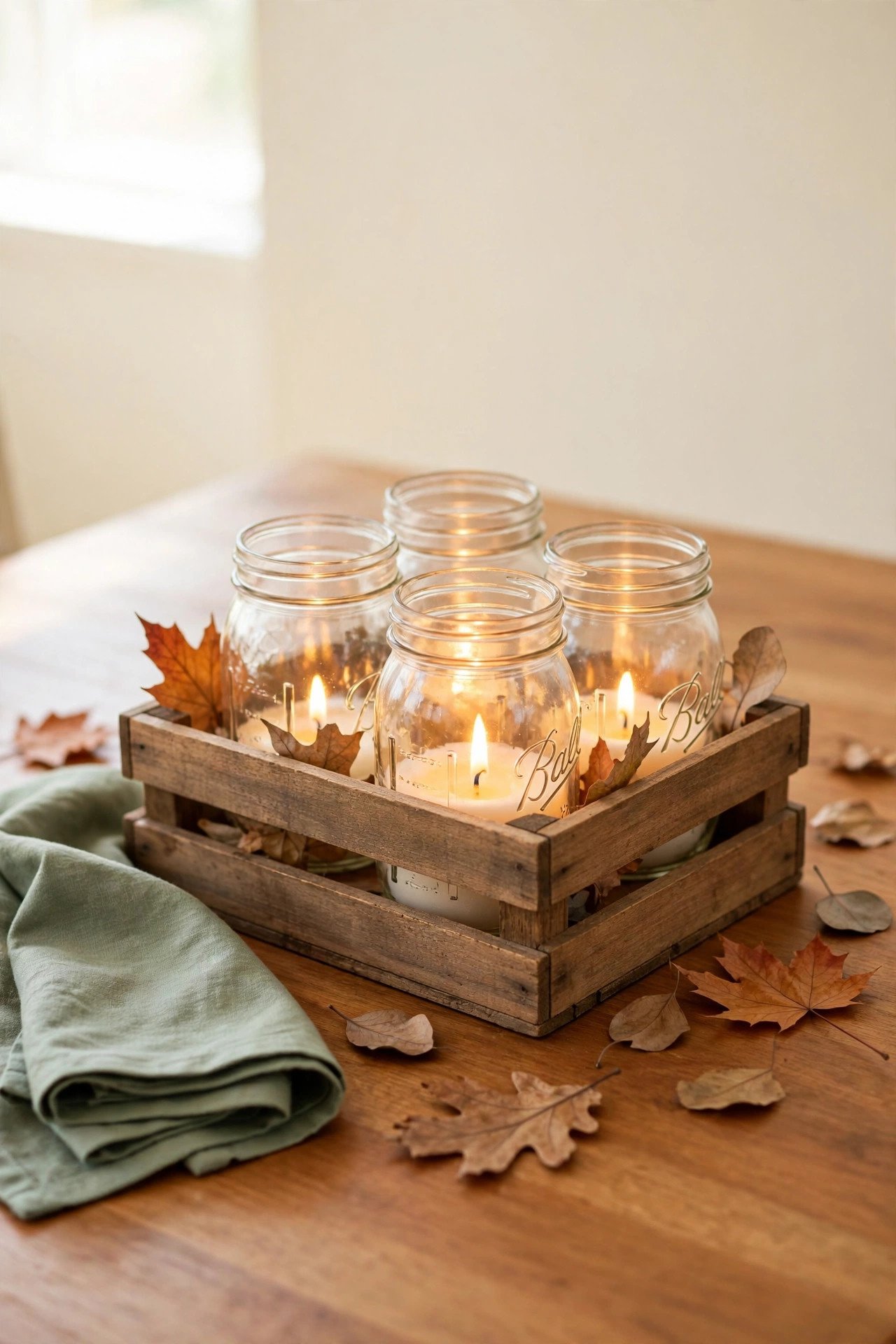 A wooden crate holding mason jars with lit candles