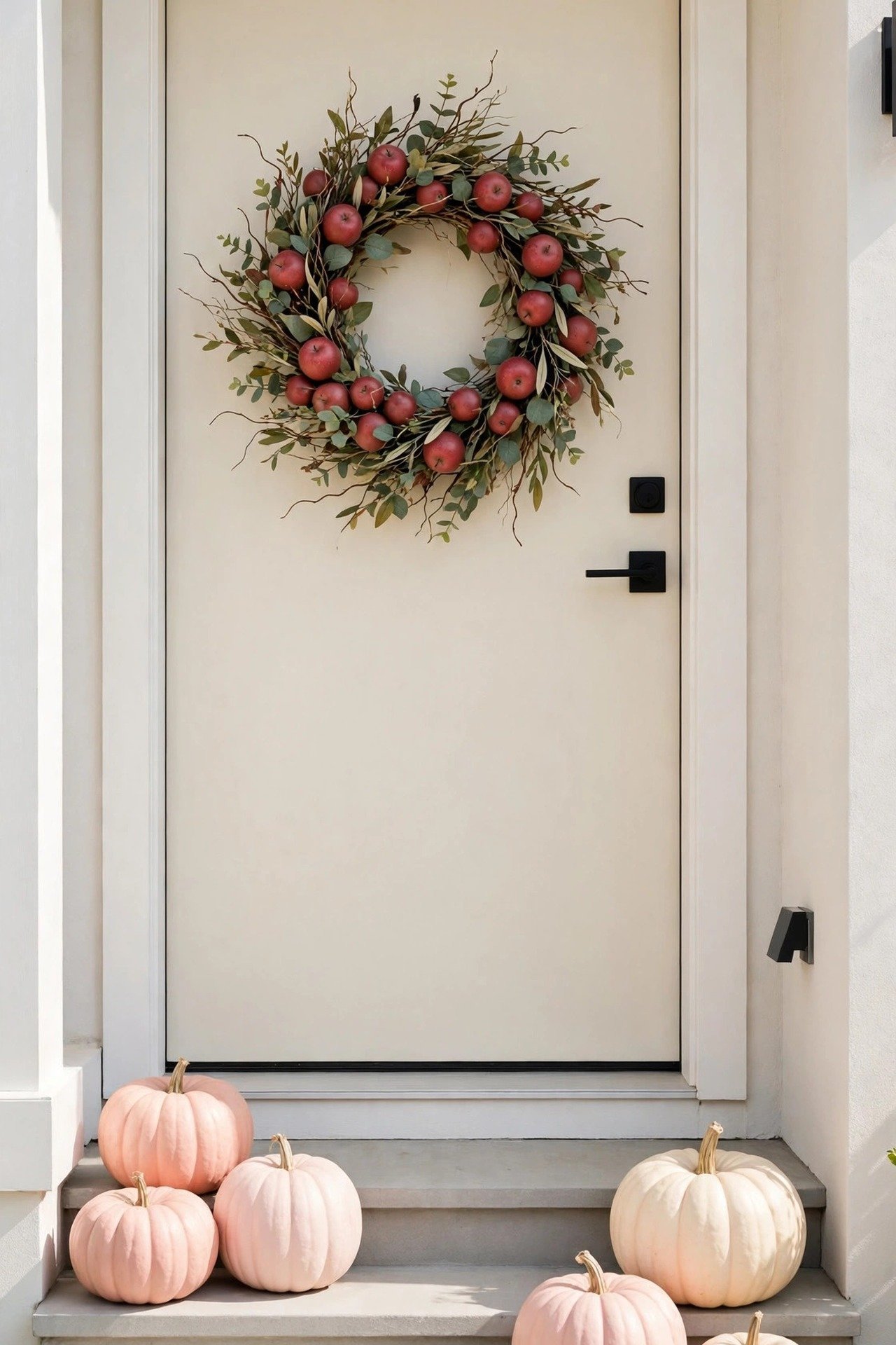 Harvest wreath of muted red apples with green leaves and twig branches on a cream front door