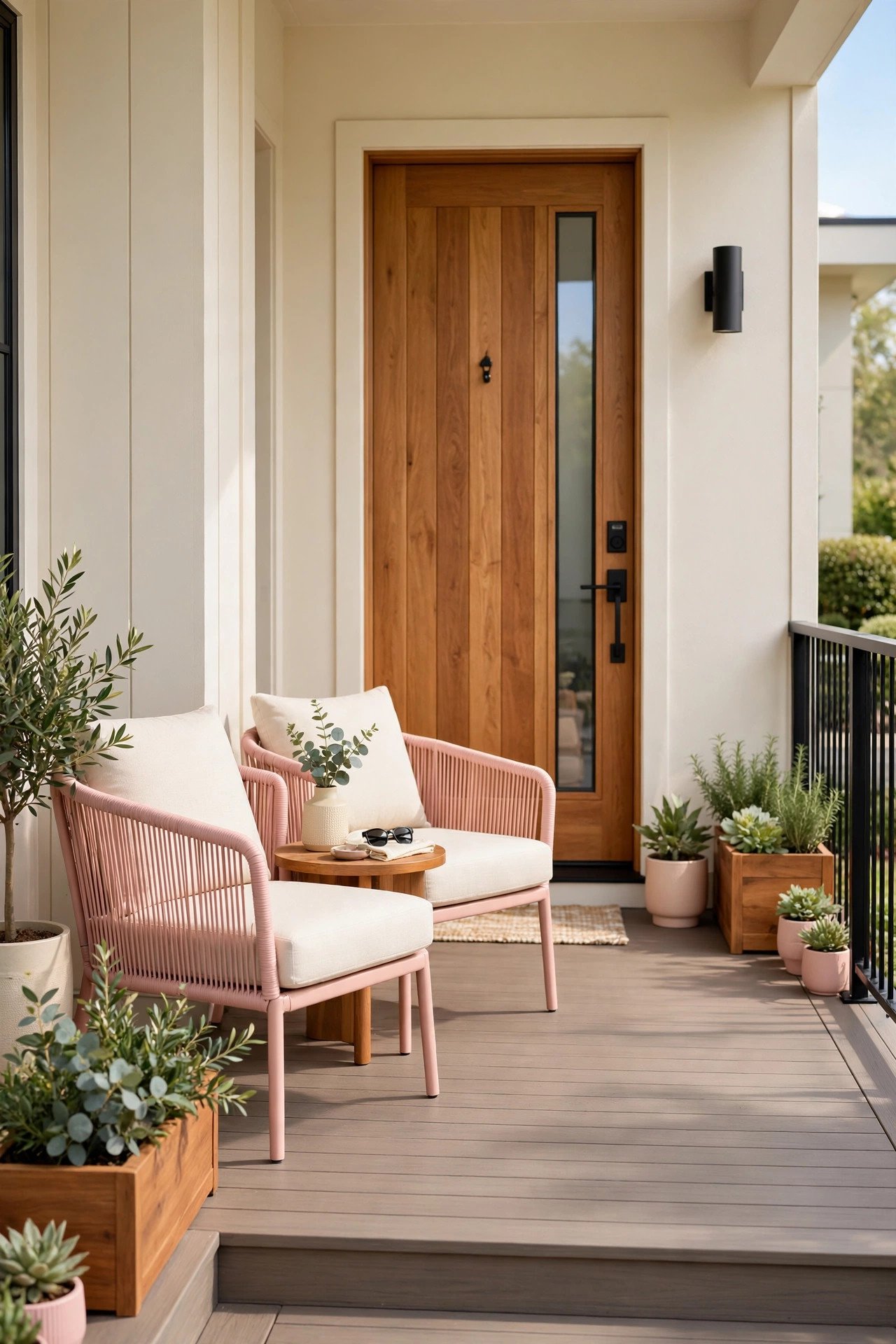 Composite deck flooring on a modern front porch with blush pink chairs