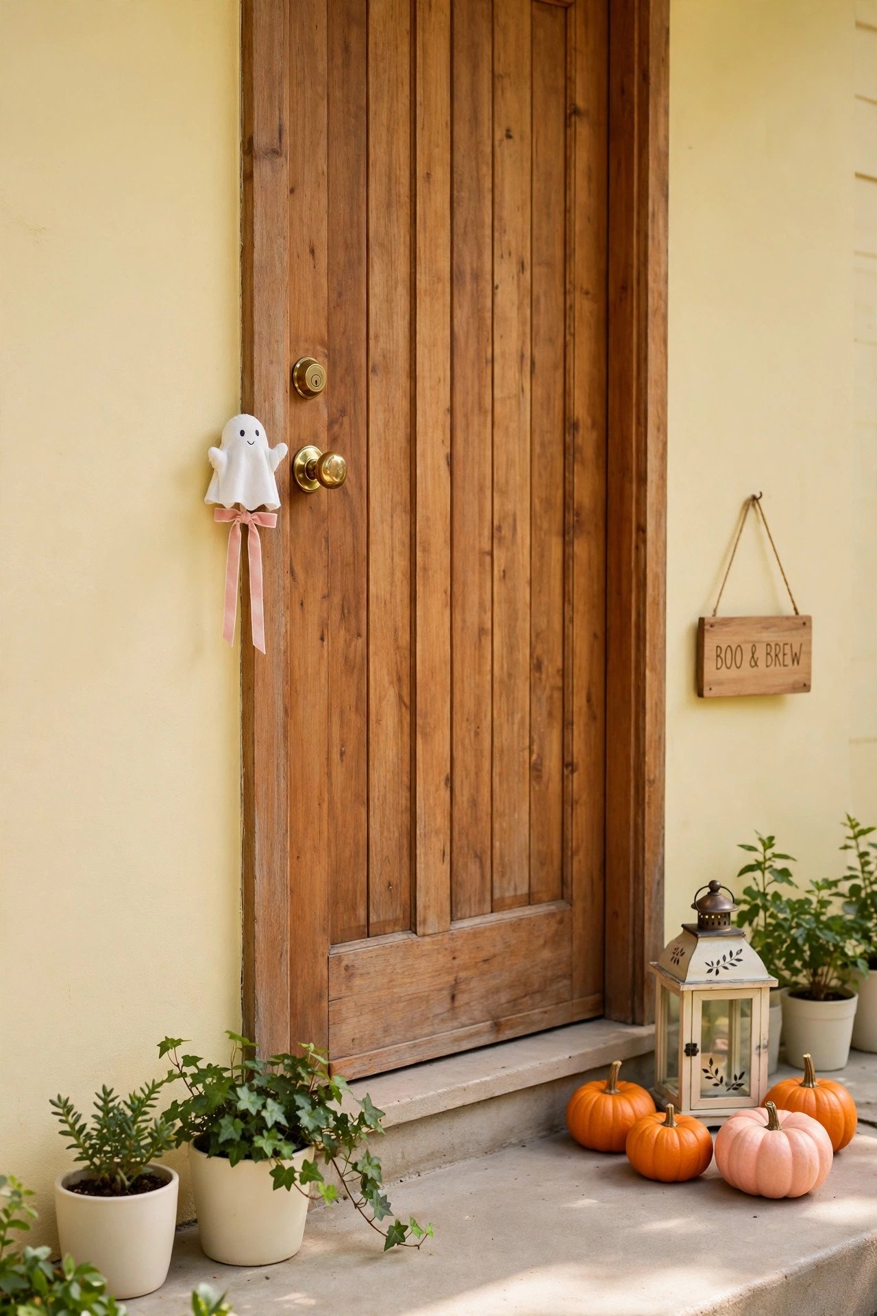 Warm wooden front door with a tiny ghost decoration, pumpkins, and green plants