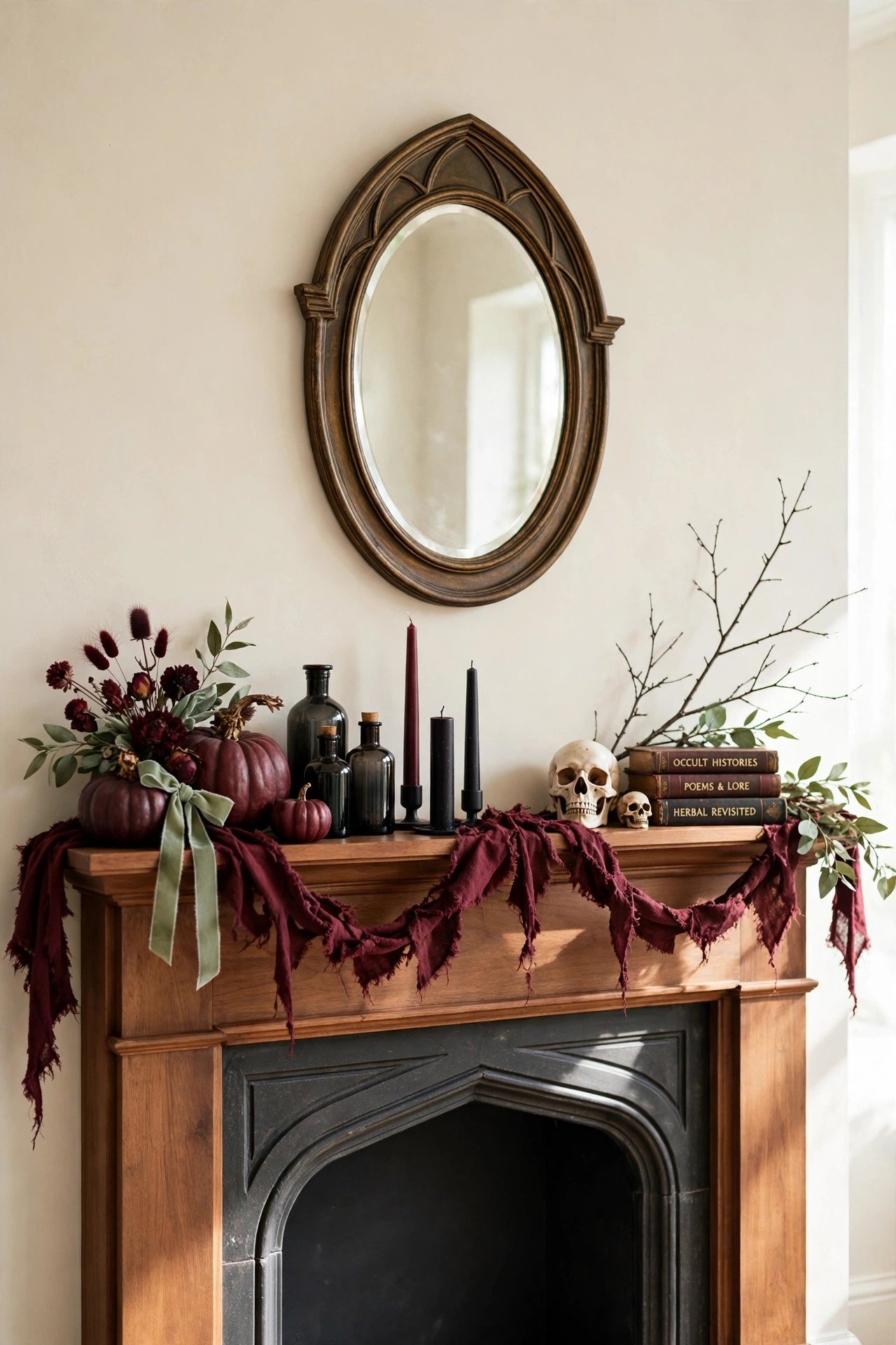 Gothic mantel in burgundy with dark pumpkins, candles, skull and oval mirror