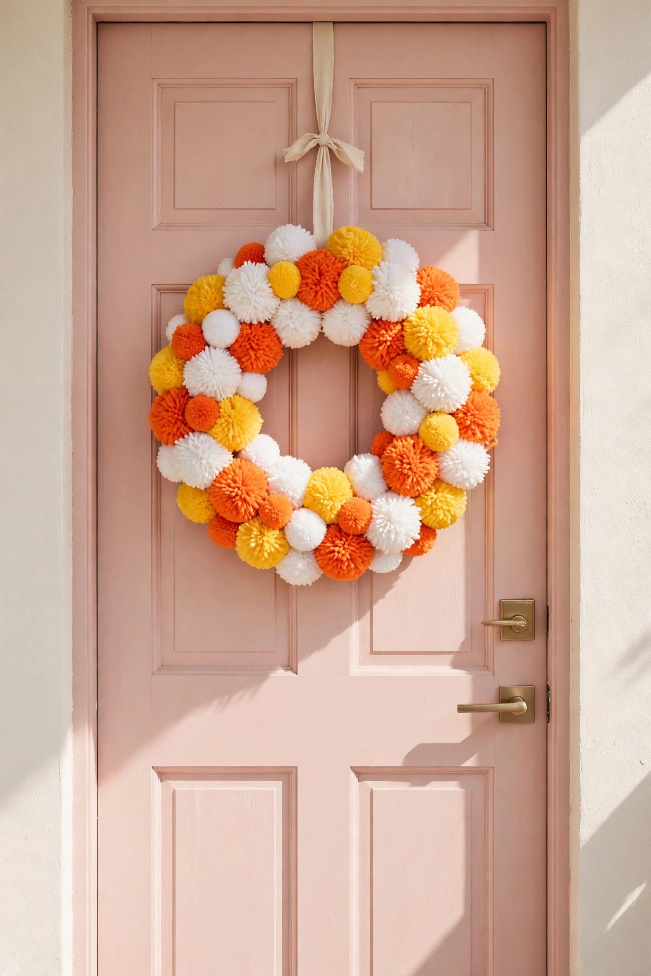 Halloween wreath of fluffy yarn pom-poms in white orange and yellow candy corn colors
