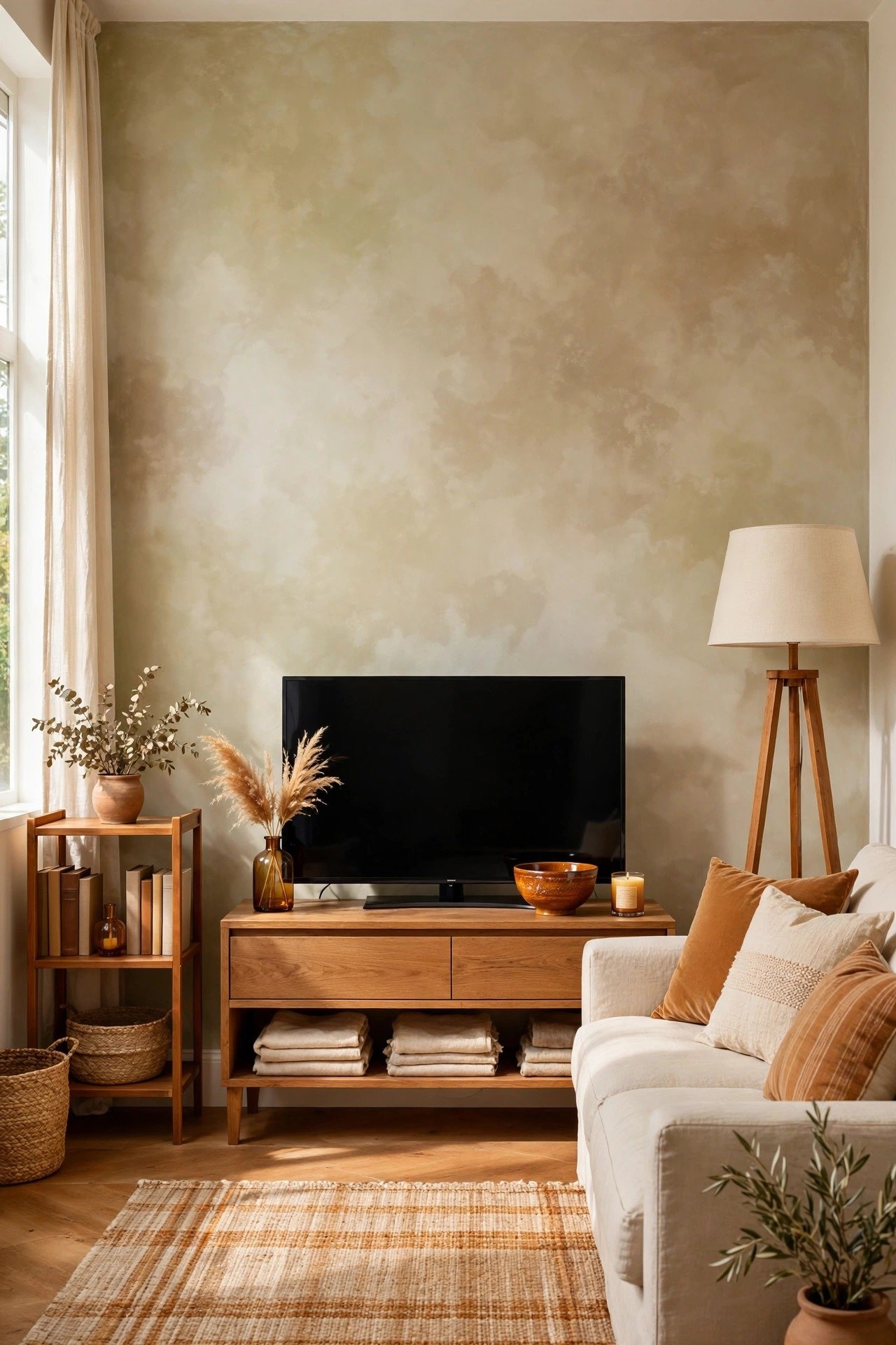 Mushroom toned limewash wall with soft texture behind a television in a cozy media corner