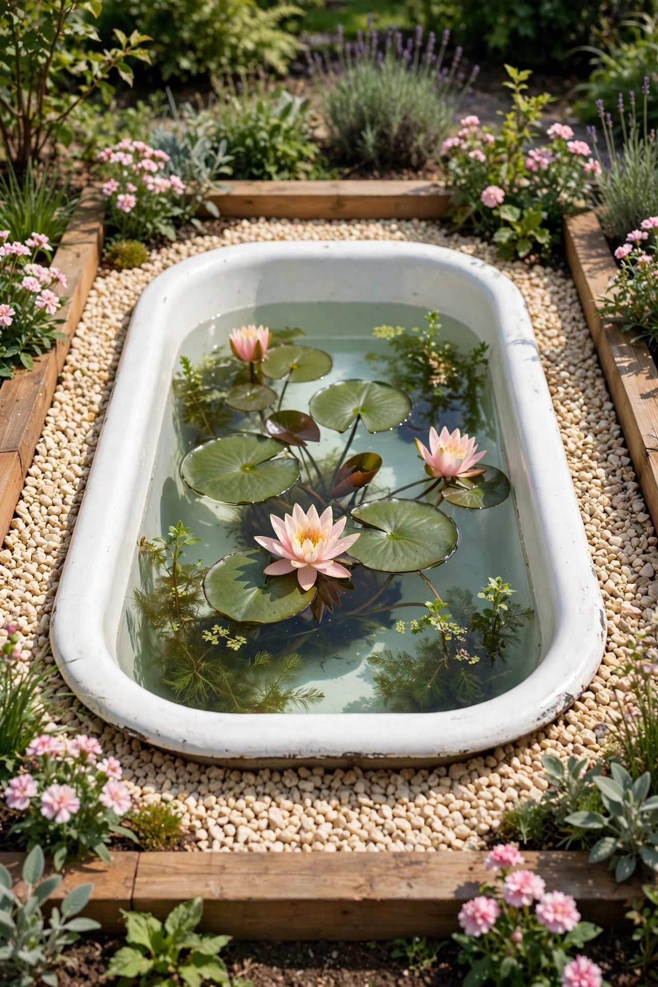 Repurposed old bathtub turned into a backyard pond