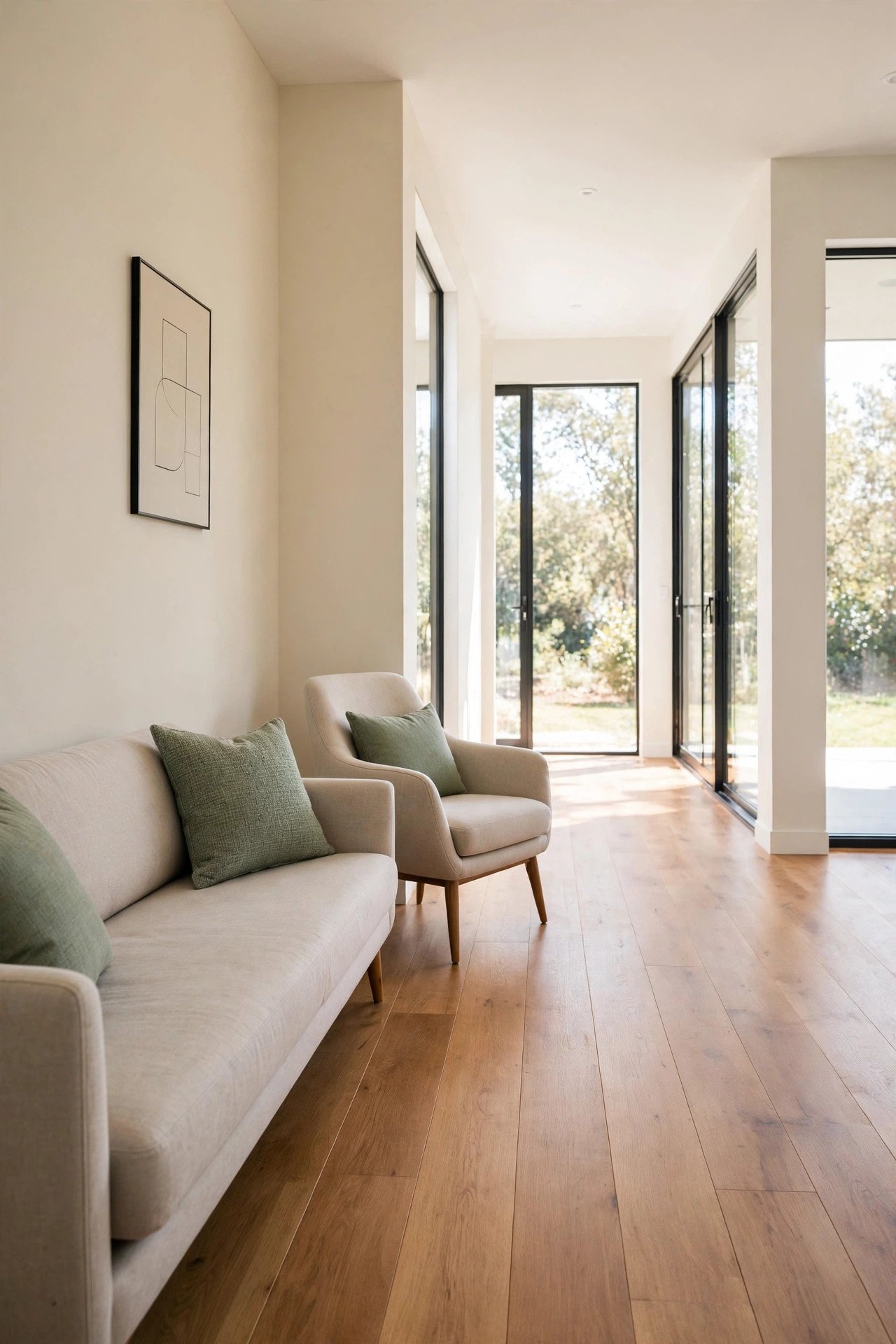 One side seating layout in a narrow living room with all seating along one wall and the opposite side open