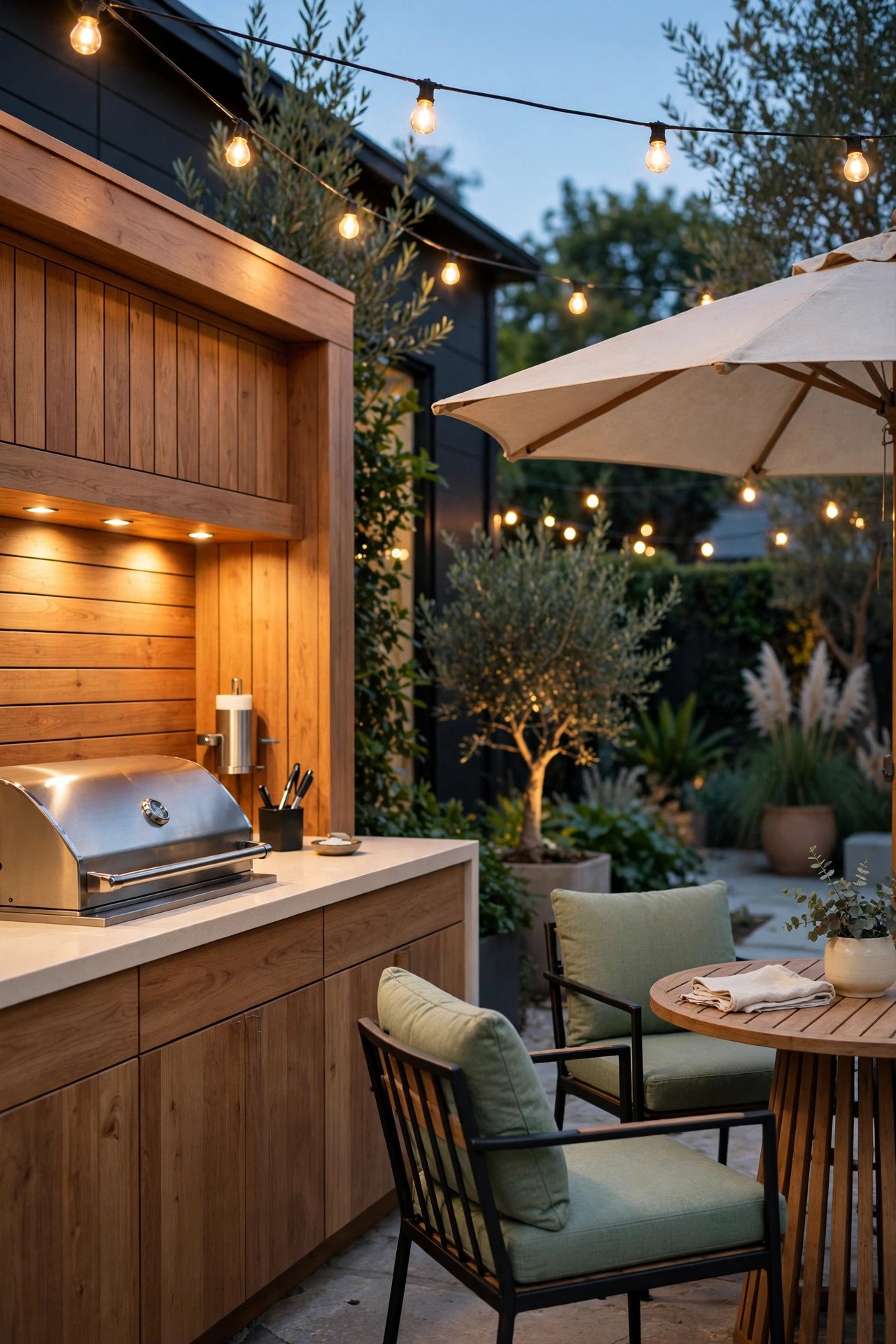 Outdoor kitchen in the evening with task lights over the grill and warm overhead fixtures