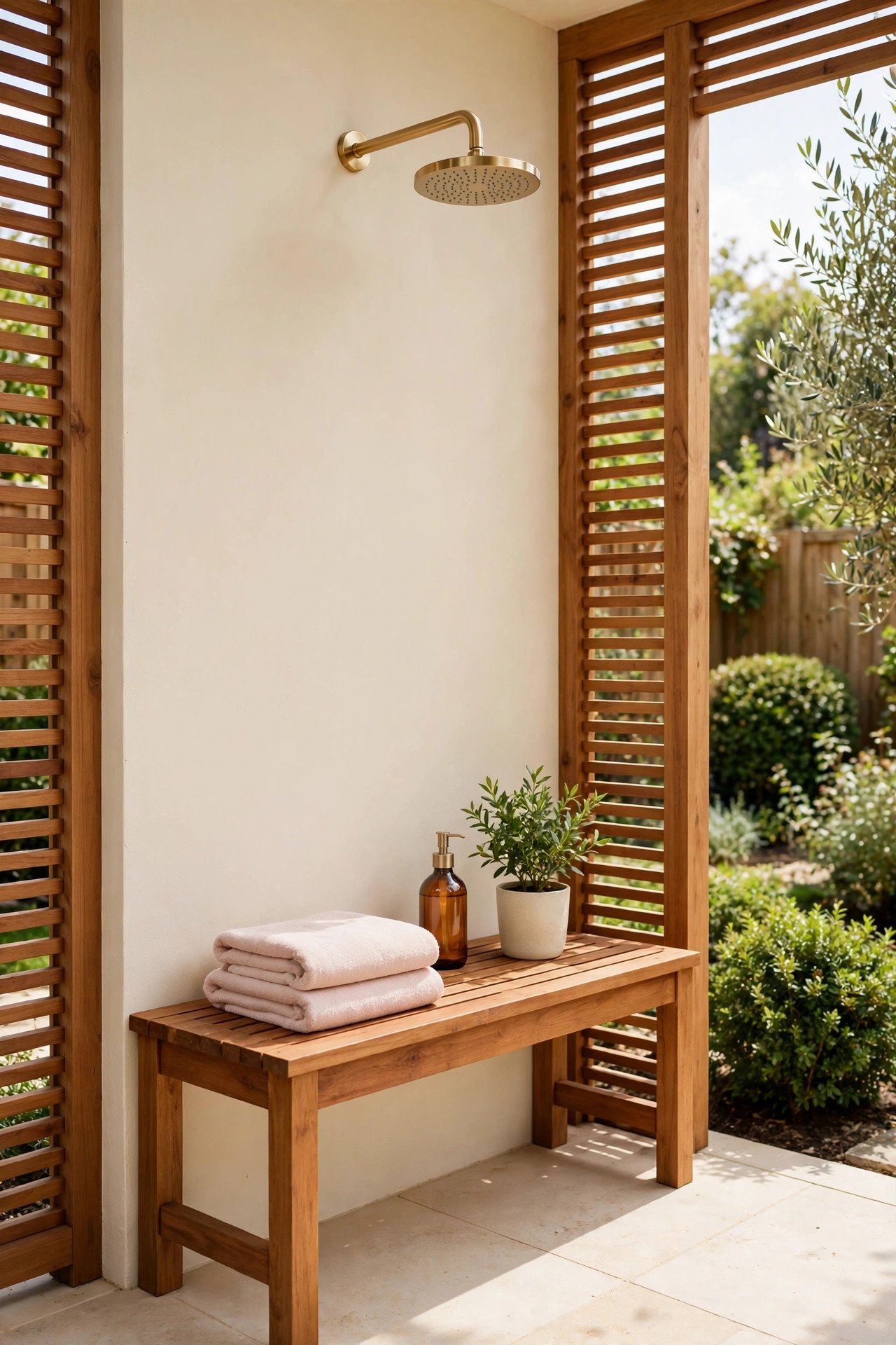 Outdoor shower with a wooden bench, folded towels and blush pink accents