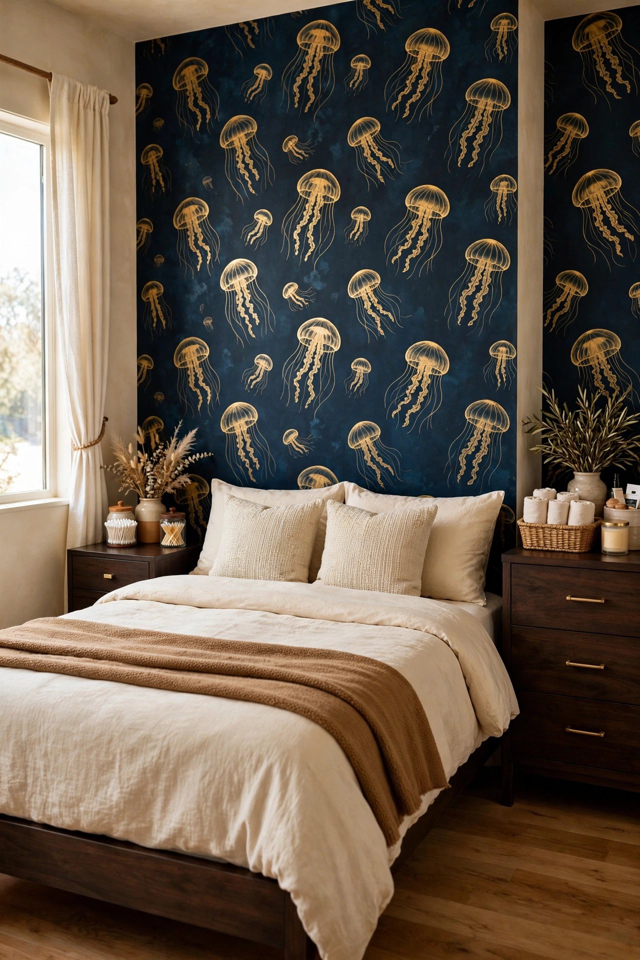Dark ocean themed peel and stick wallpaper with gold jellyfish in a moody bedroom
