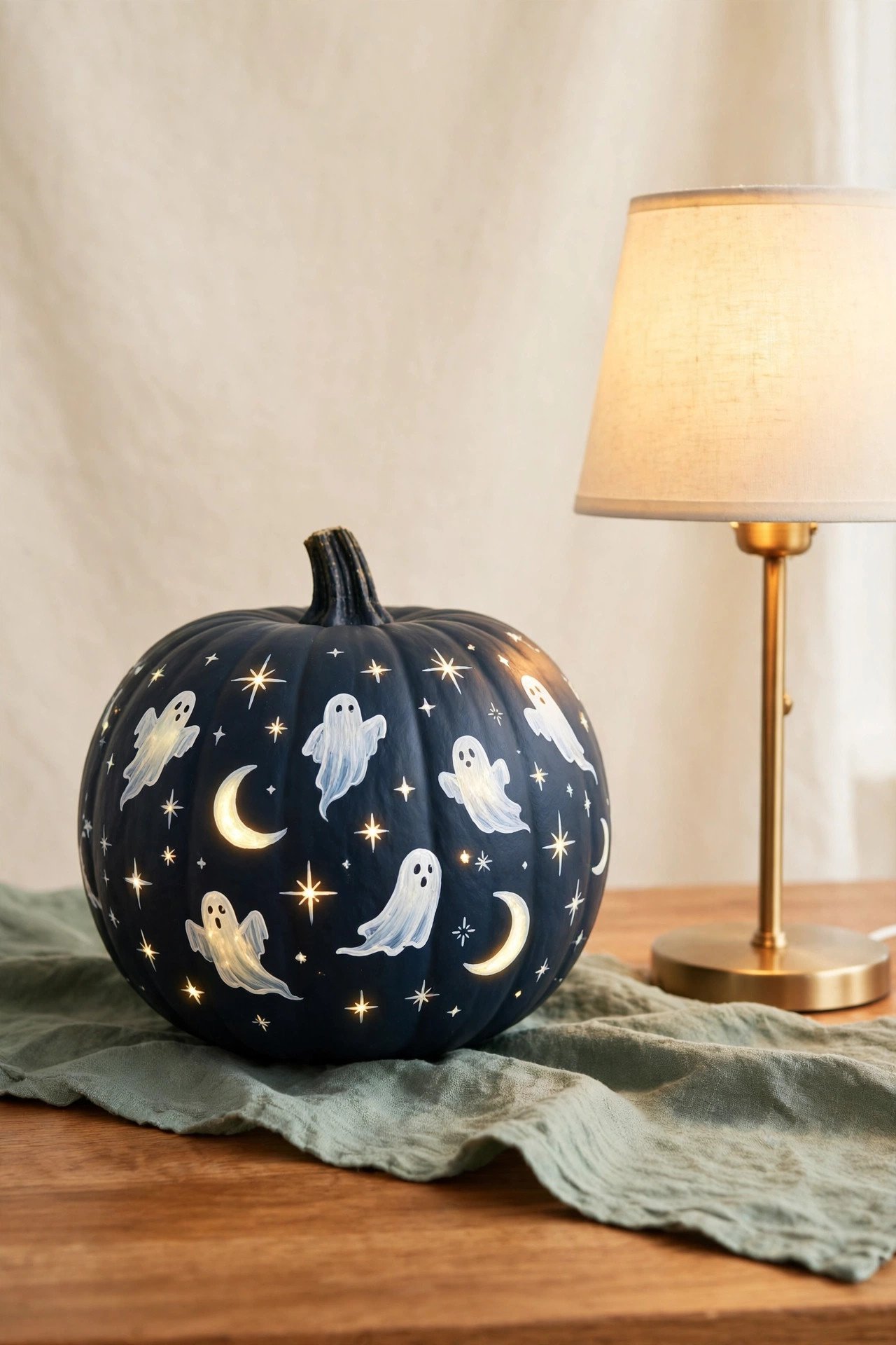 Dark blue pumpkin with painted glowing ghosts and stars that shine in the dark