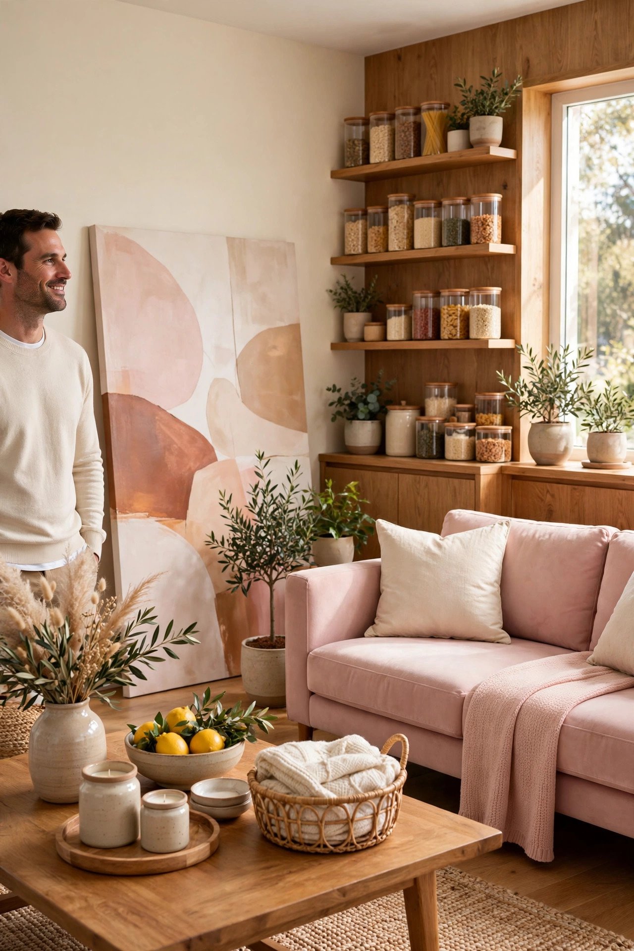 Oversized canvas art leaning against a wall on the floor in a living room in blush pink tones