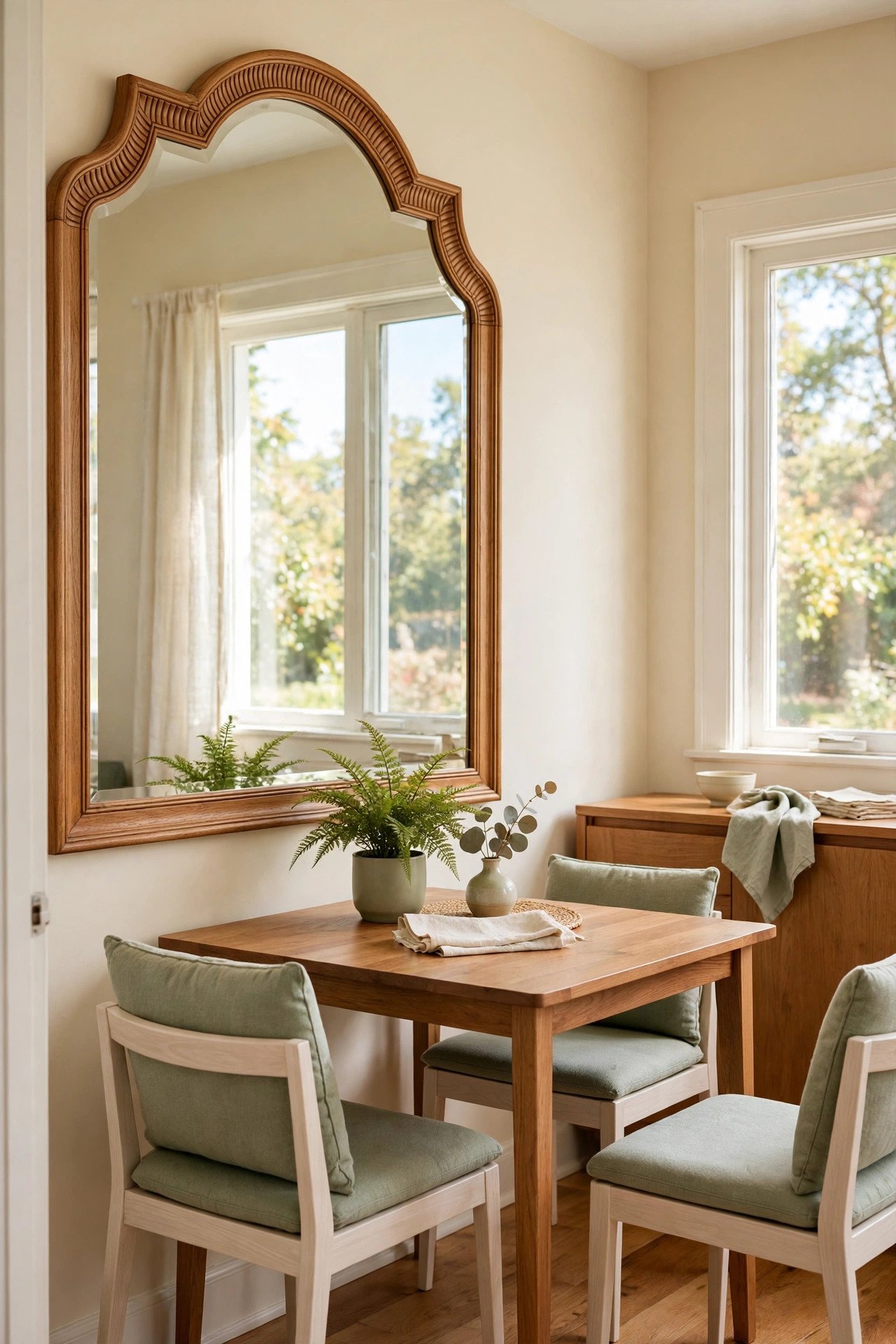Mirror layout idea reflecting light and doubling visual space in a small dining room