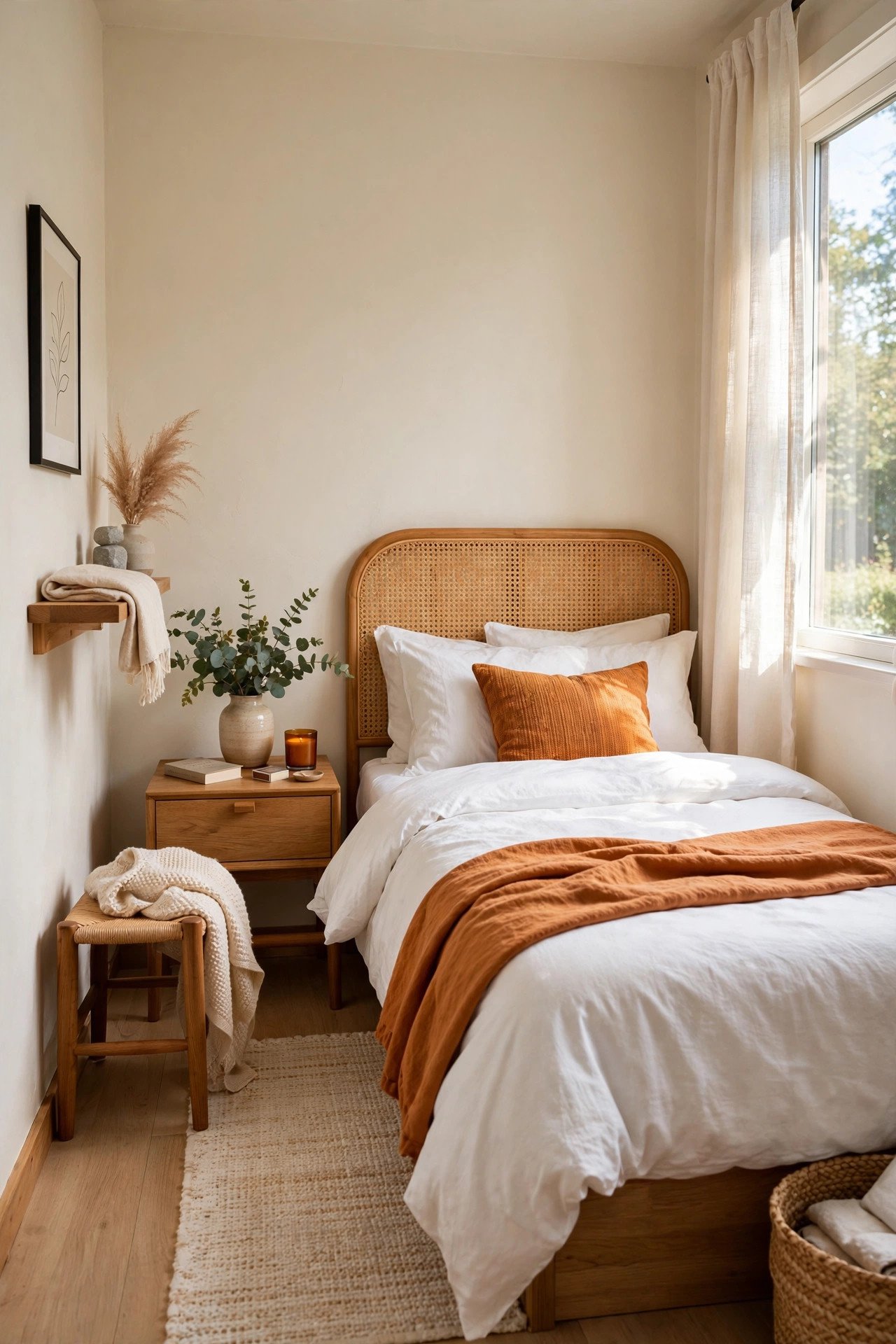 Cozy Scandinavian small guest room layout with warm wood furniture, crisp white linens, and a cane headboard
