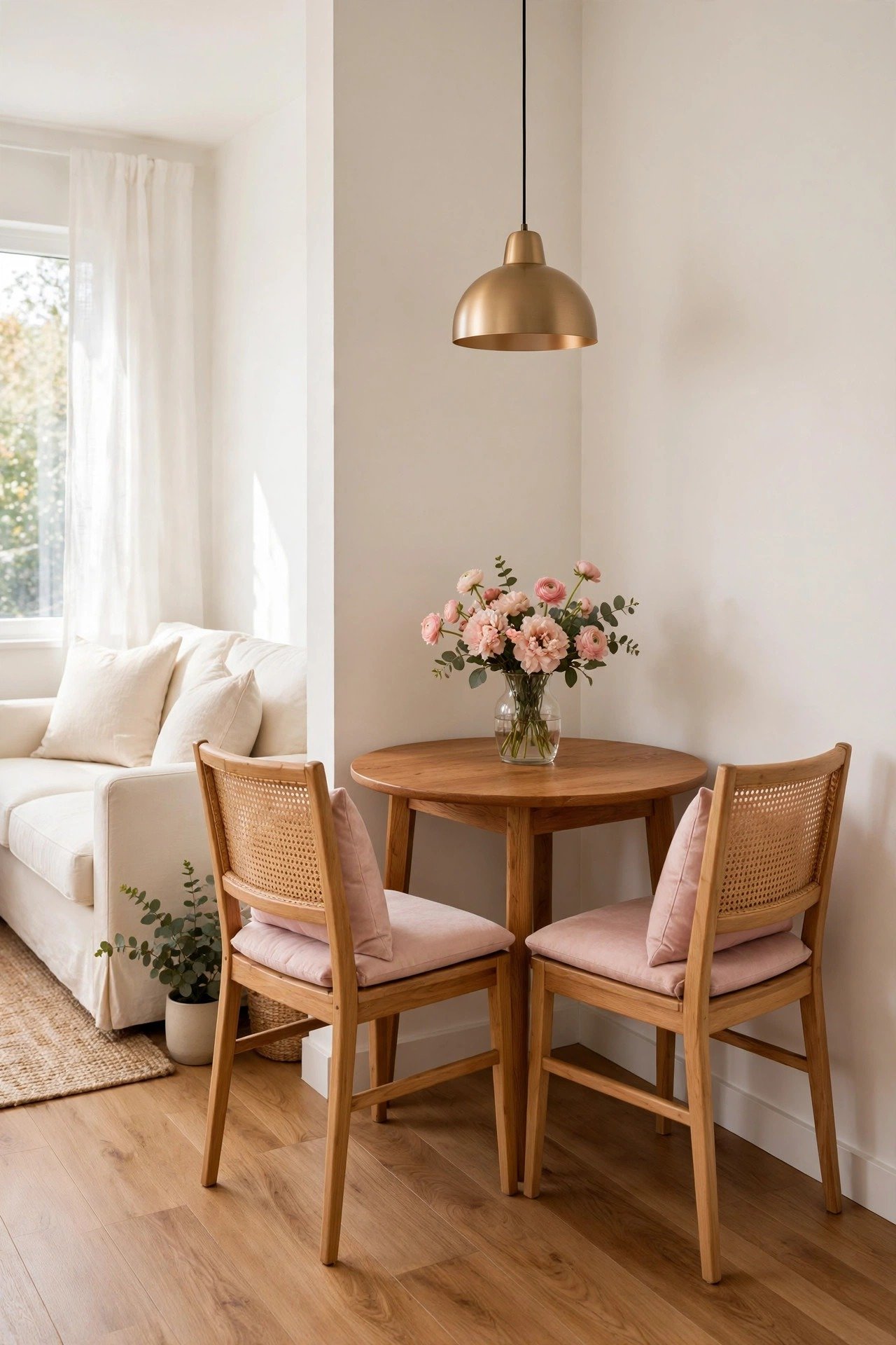 Cozy corner dining nook in a small living dining combo, small table tucked into the corner with a pendant light