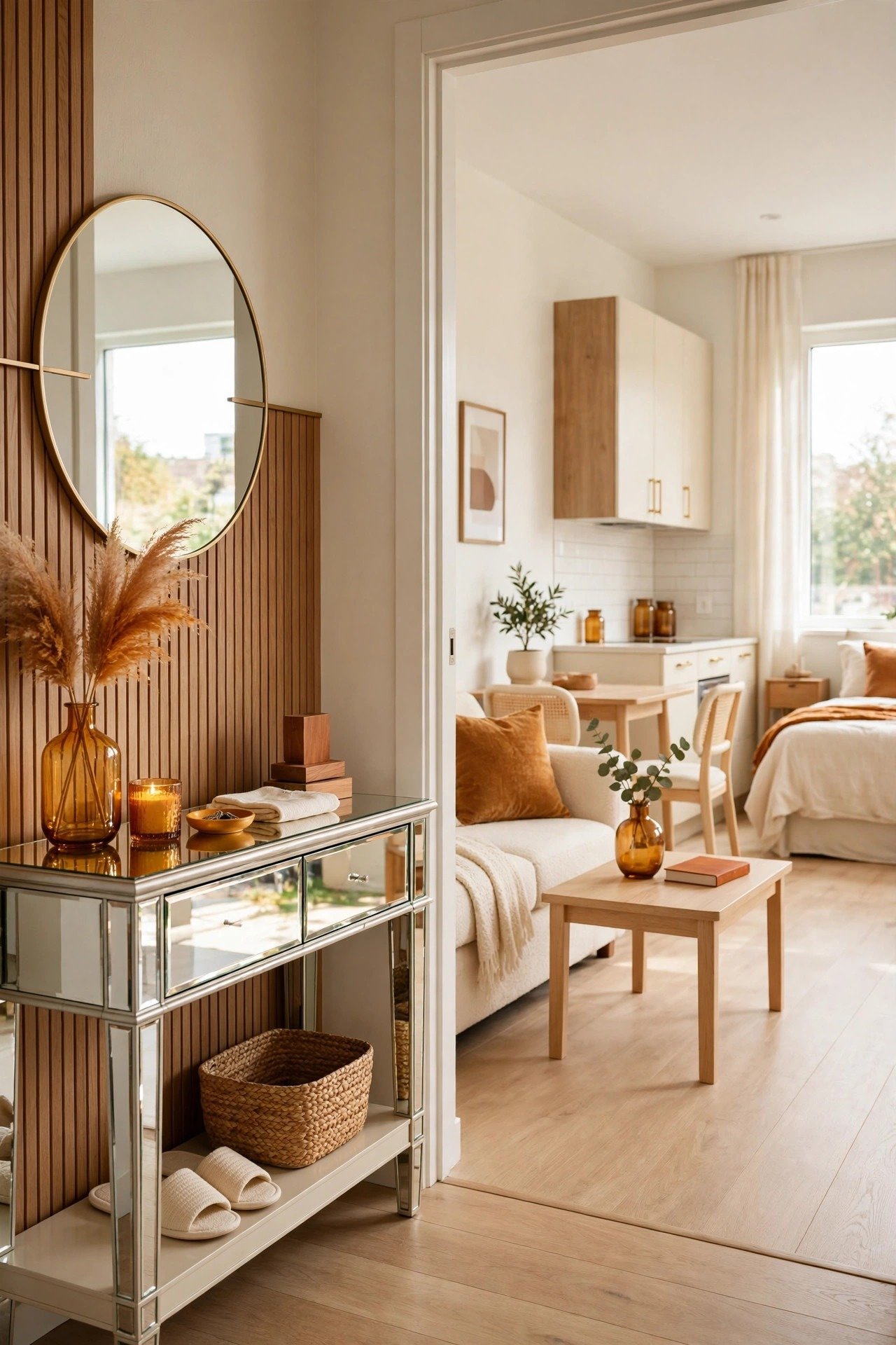 Small one bedroom apartment layout ideas with a mirrored console table reflecting daylight in a narrow entryway