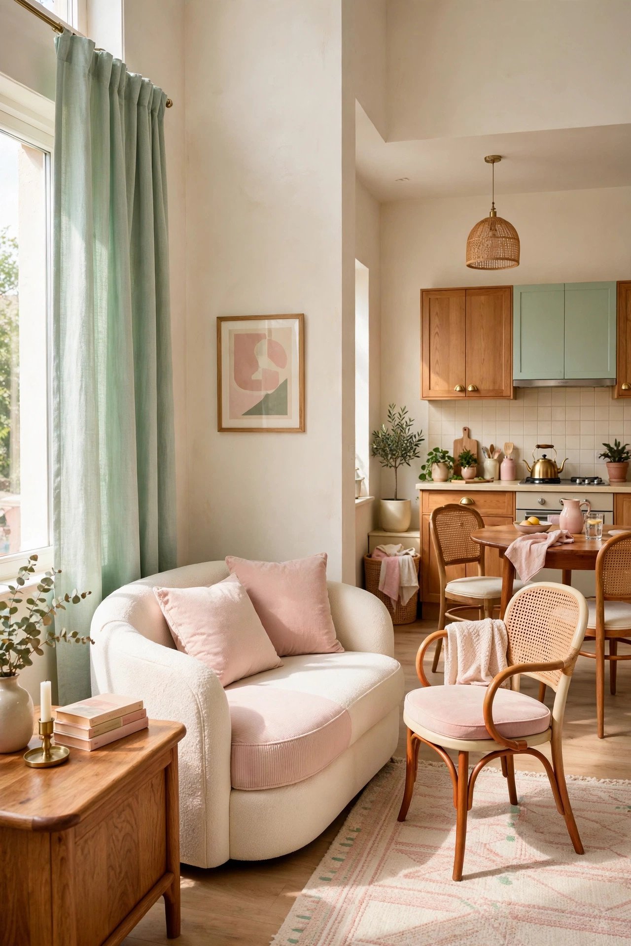 Vintage pastel small open plan living room with mint green curtains and delicate retro furniture