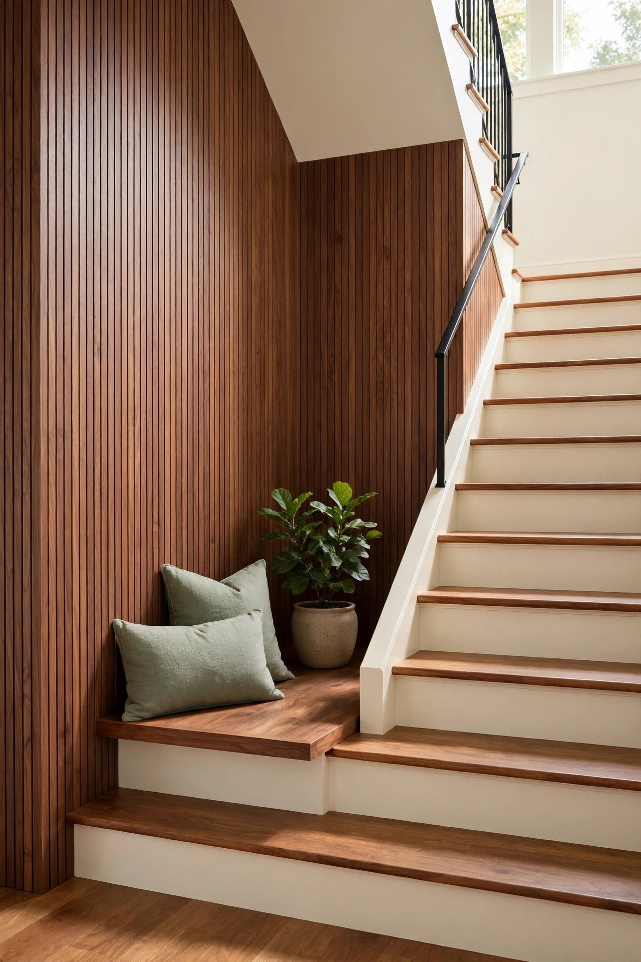 Warm wood paneling on a staircase wall for a cozy elegant look