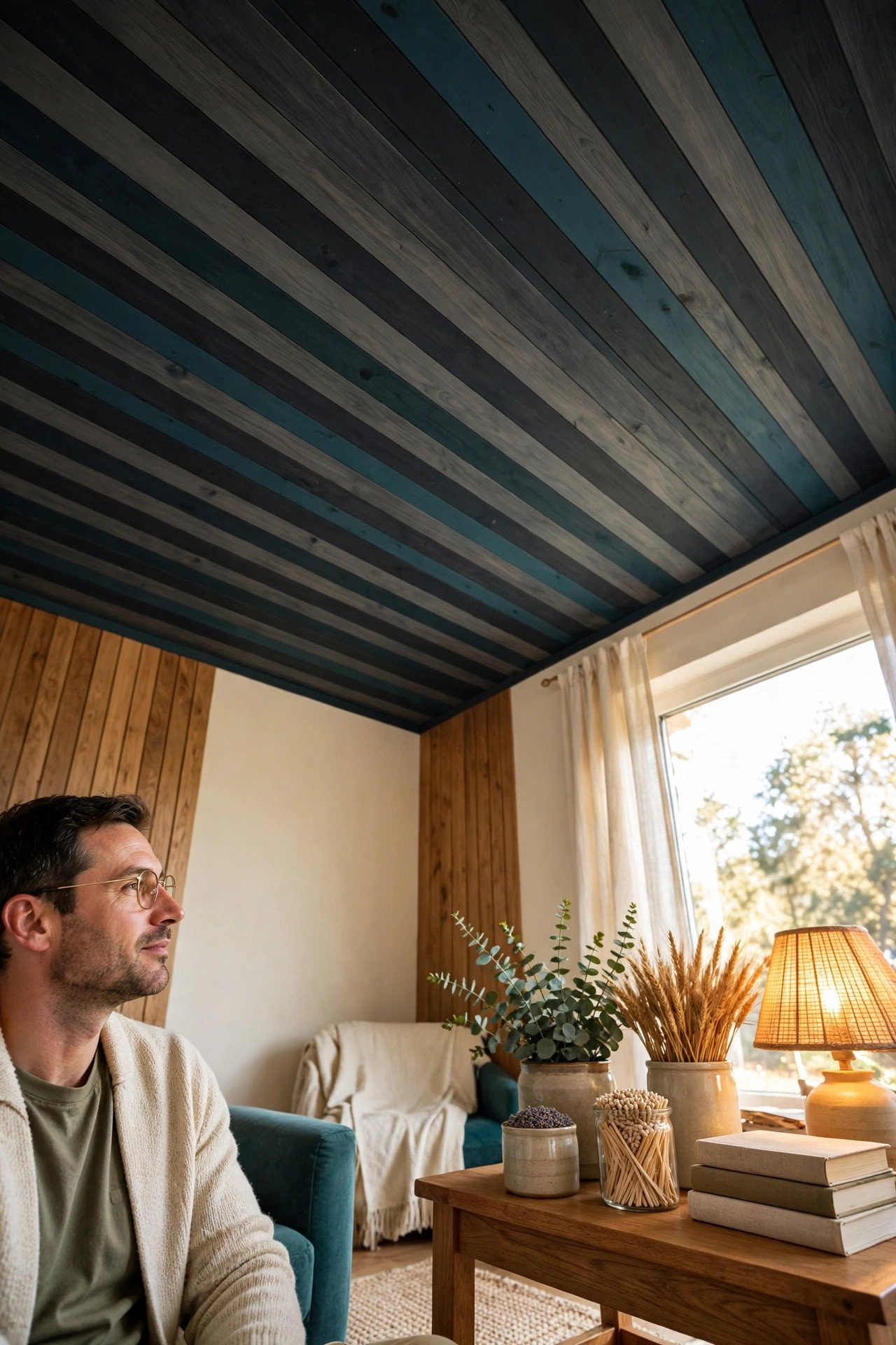 Dark moody striped ceiling in charcoal and deep teal in a small den with warm lighting