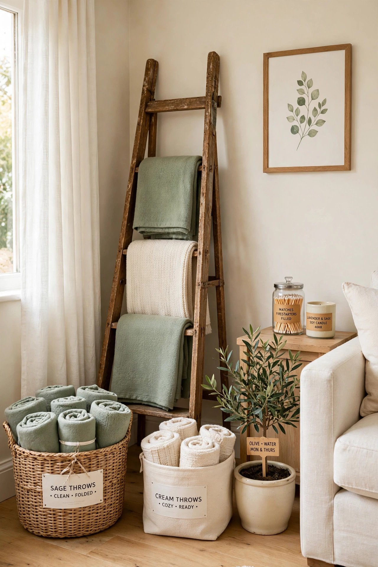 Old wooden ladder repurposed as a blanket rack with folded throws in a sage green living room