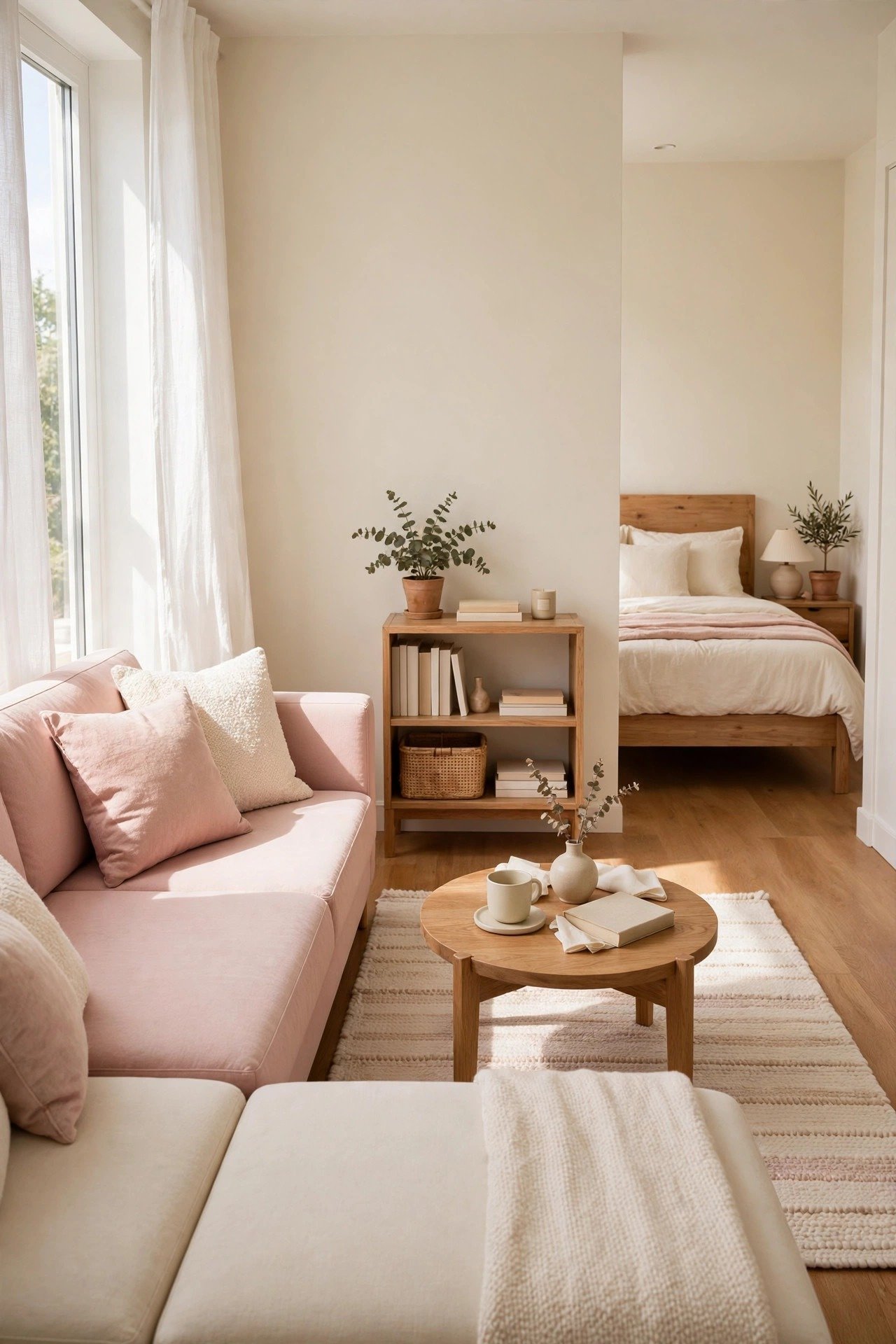 Tiny studio apartment layout idea with an L-shaped sofa anchoring the living zone in blush pink and cream