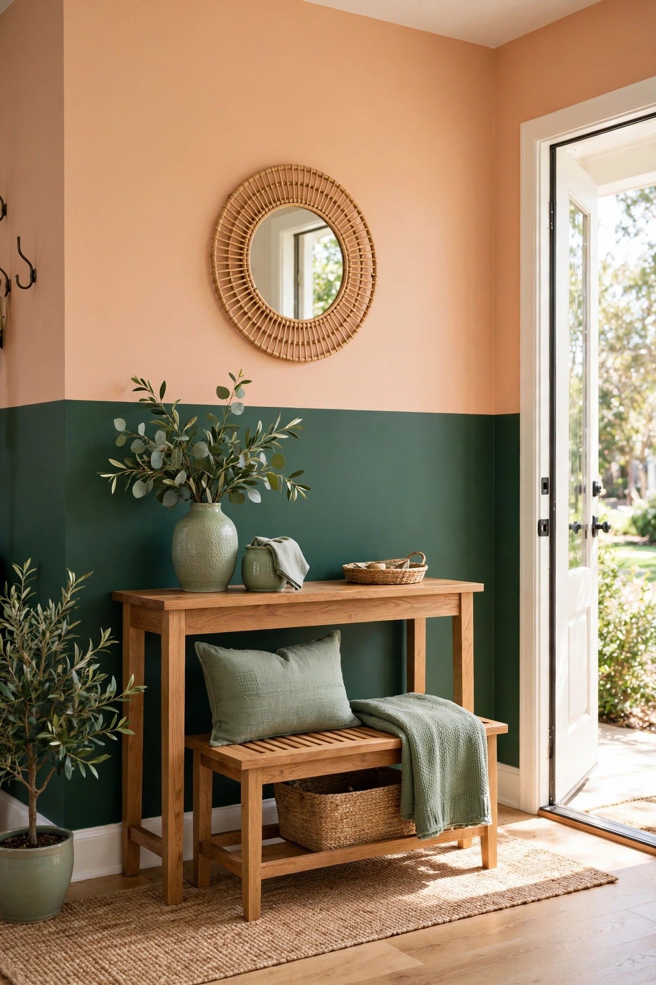 Forest green and peach two tone wall paint ideas with rich green and warm peach on an entryway wall