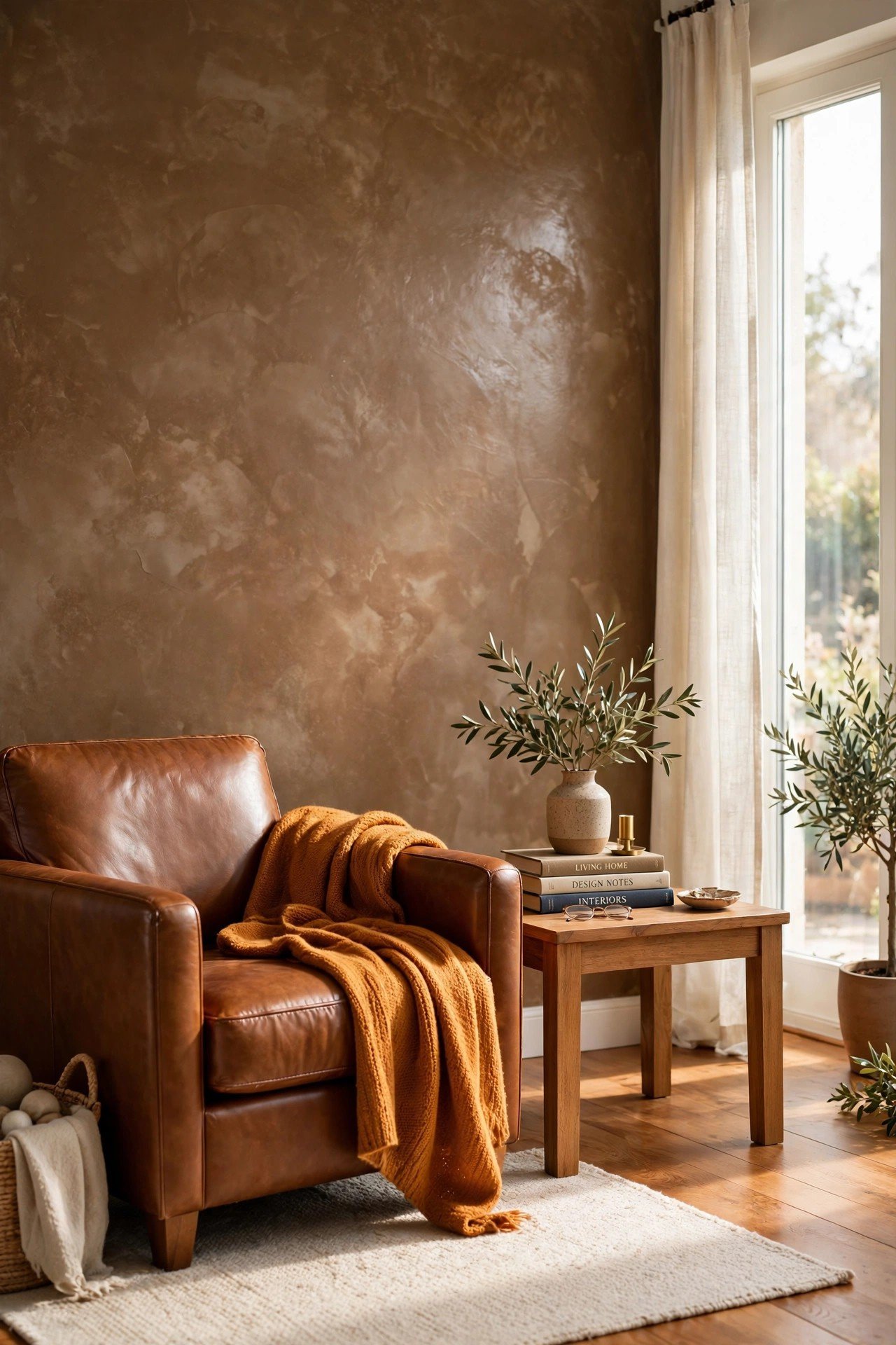 Rustic almond brown Venetian plaster wall in a cozy living room with leather chair