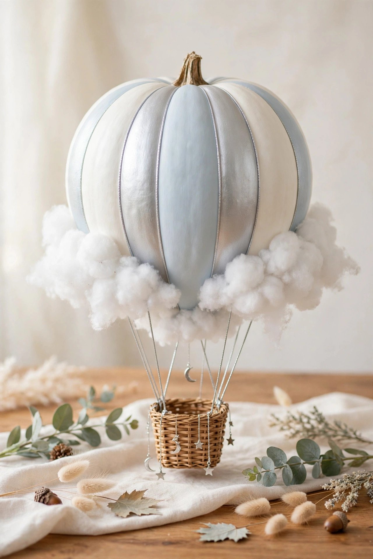 White pumpkin styled as a cloud hot-air balloon with a tiny woven basket