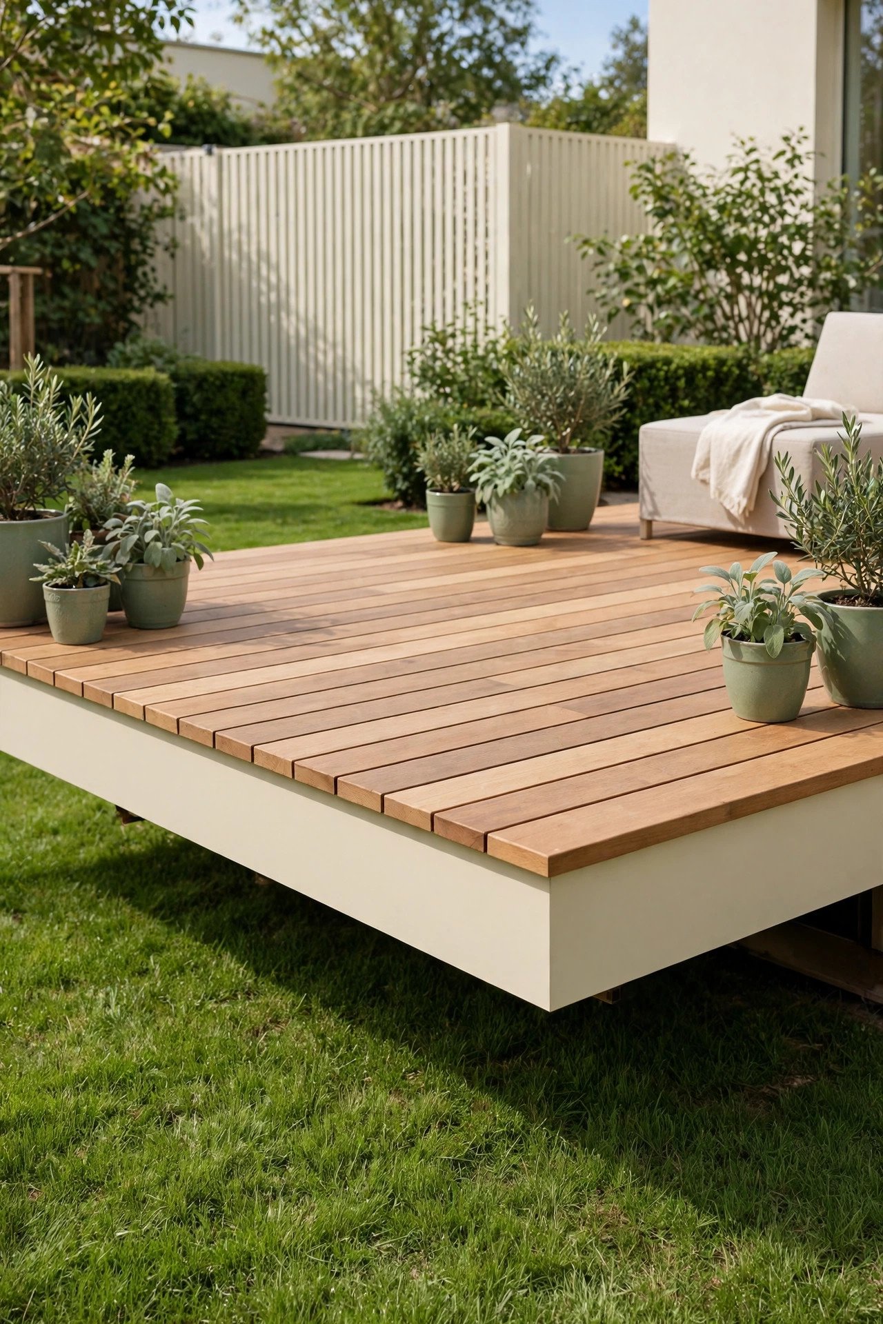 Floating wooden deck platform in a modern backyard