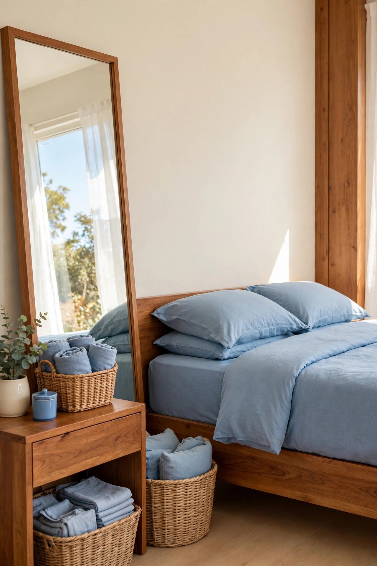 Bedroom with a large leaning mirror reflecting daylight