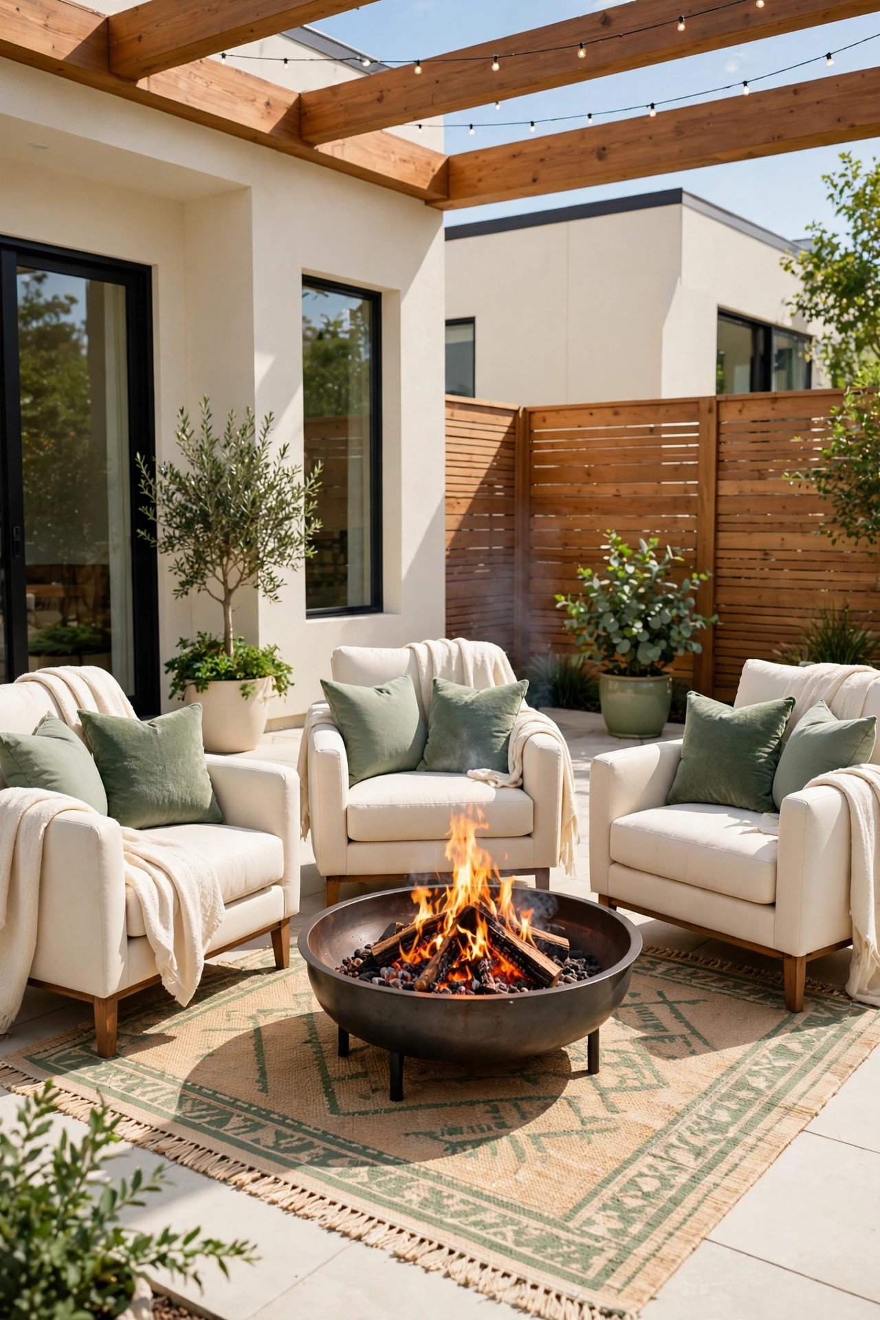 Cozy fire pit seating layered with throws, pillows and a rug in sage green