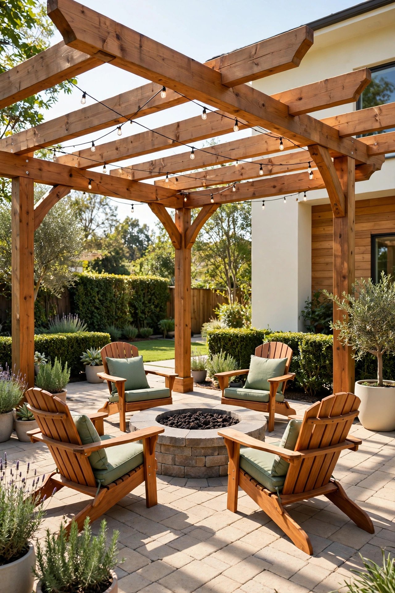 Wooden pergola over a stone fire pit with Adirondack chairs