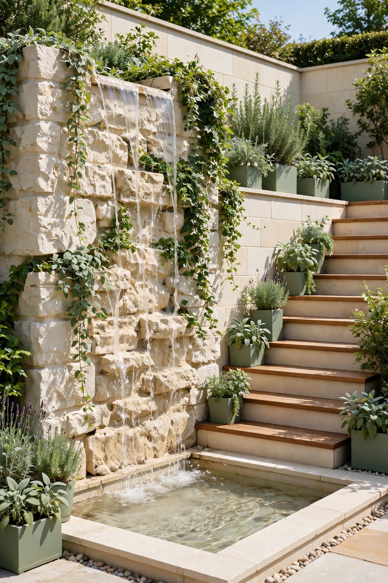 Raised stone waterfall trickling into a basin